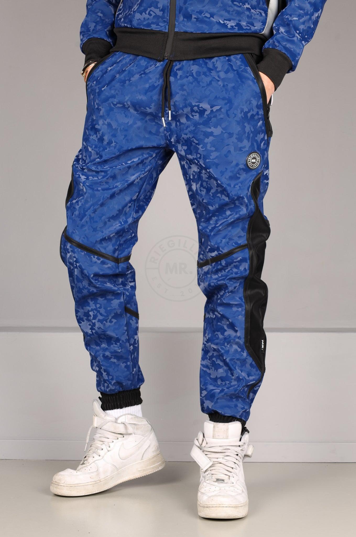 Blue Camo Vegan Leather Tracksuit Pants at MR. Riegillio