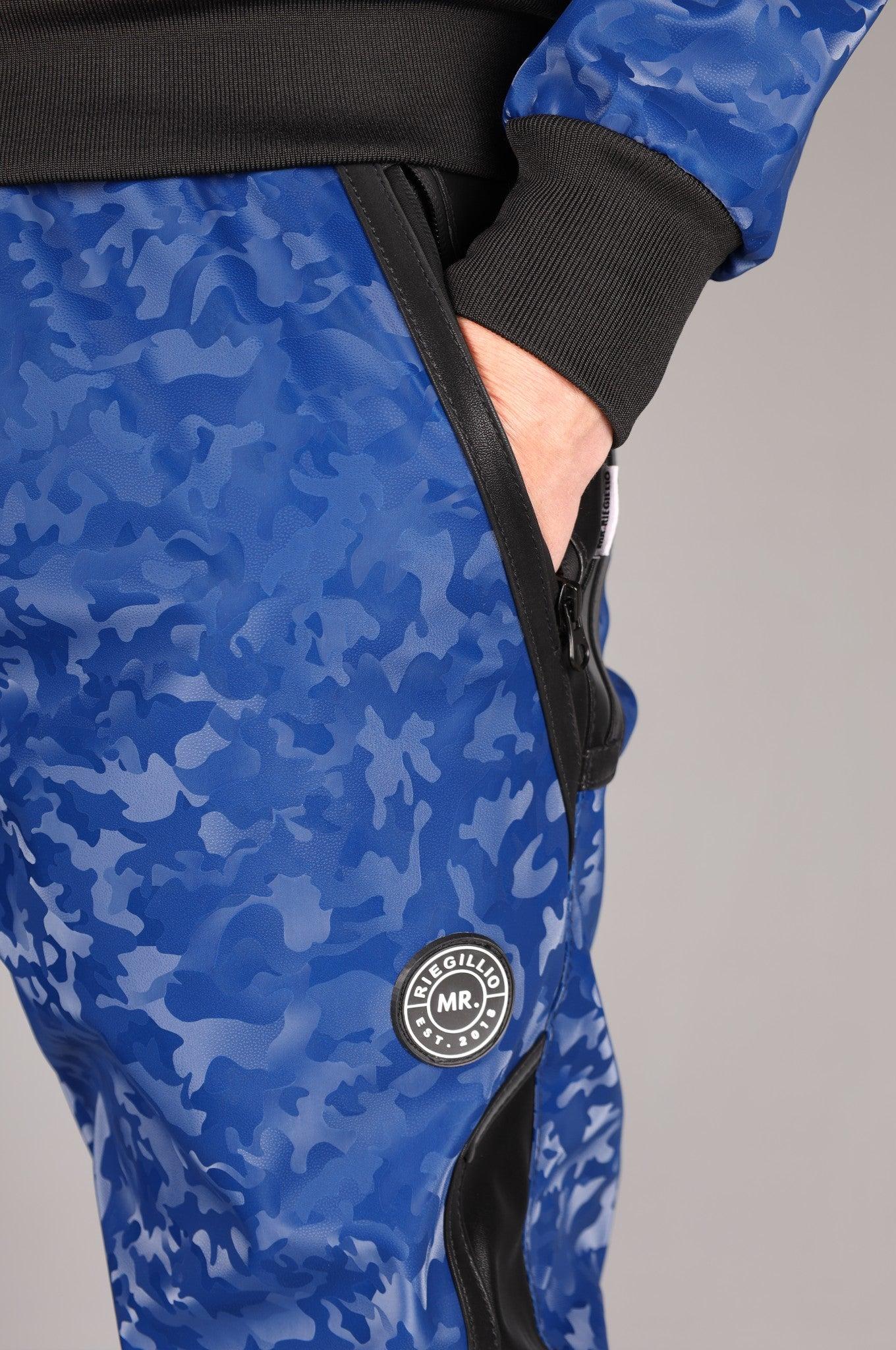 Blue Camo Vegan Leather Tracksuit Pants at MR. Riegillio