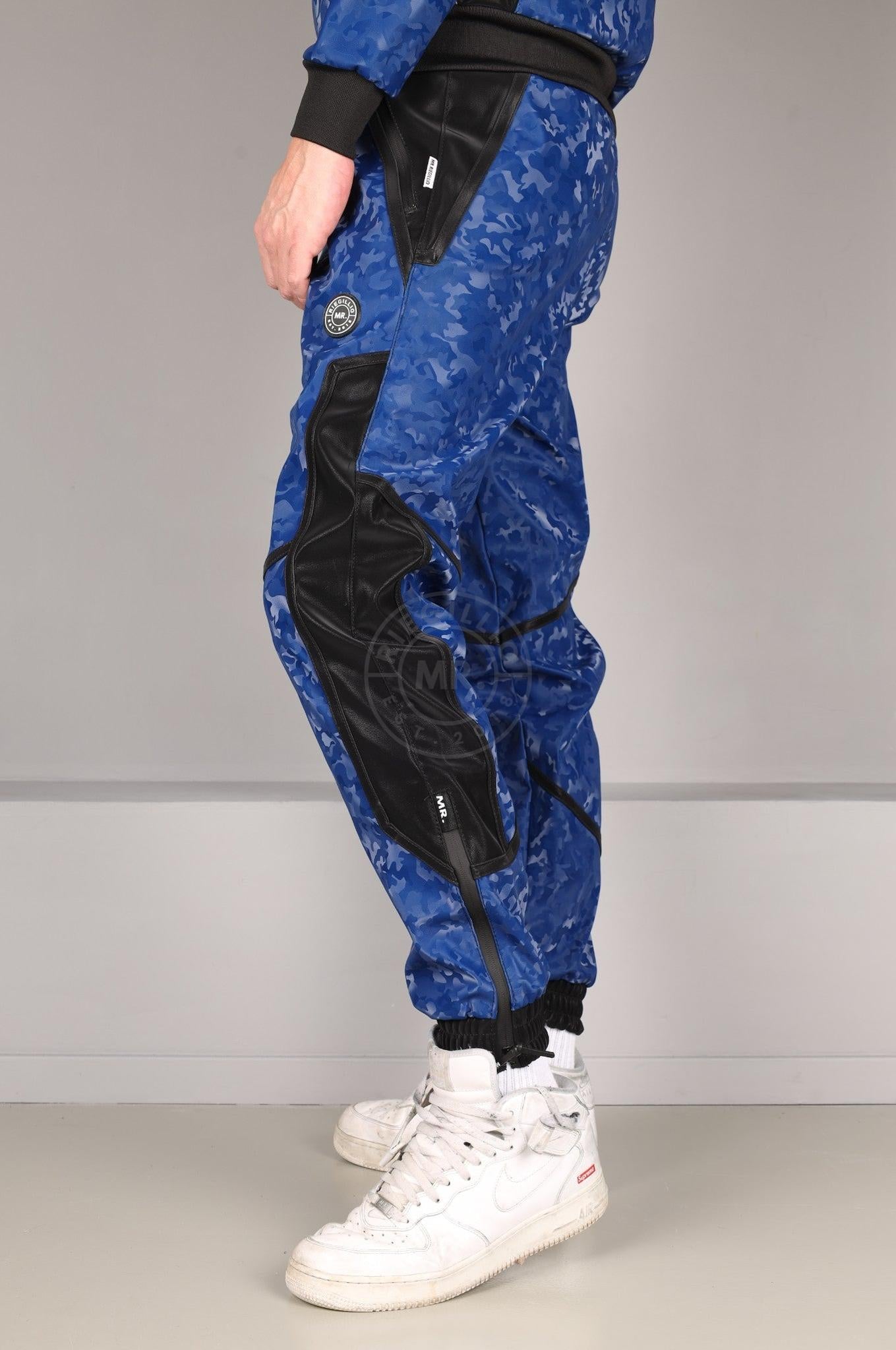 Blue Camo Vegan Leather Tracksuit Pants at MR. Riegillio