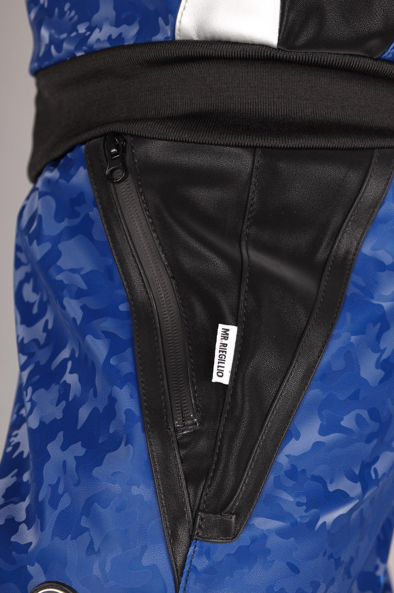 Blue Camo Vegan Leather Tracksuit Pants at MR. Riegillio