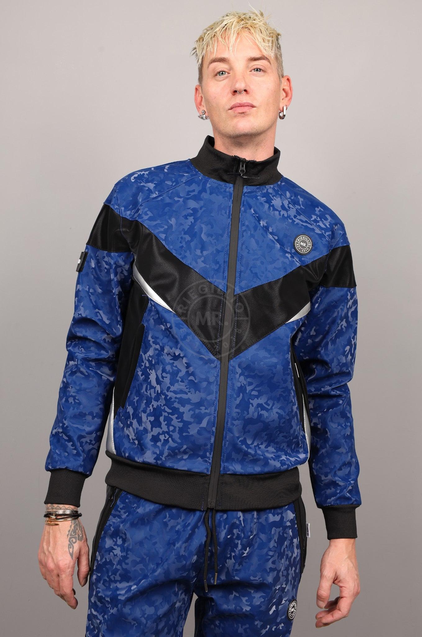 Blue Camo Vegan Leather Tracksuit Jacket at MR. Riegillio