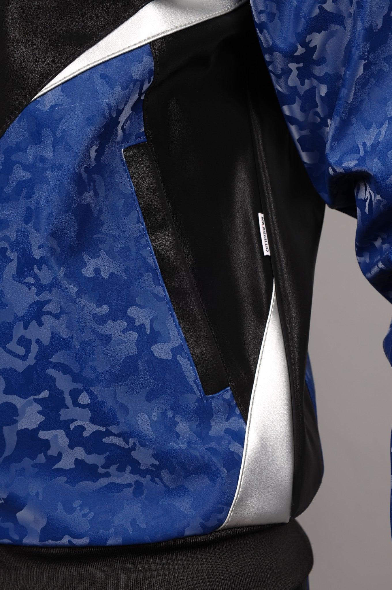 Blue Camo Vegan Leather Tracksuit Jacket at MR. Riegillio