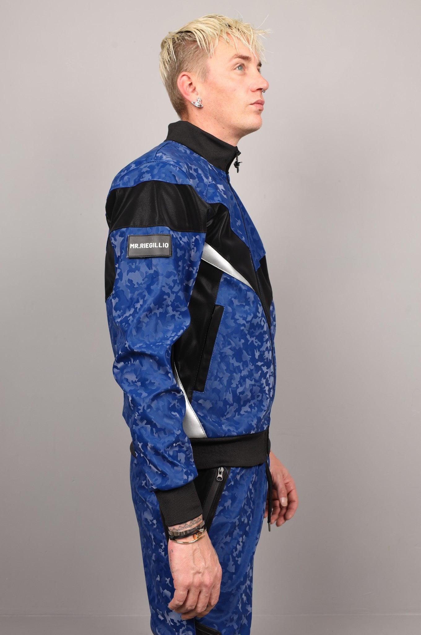 Blue Camo Vegan Leather Tracksuit Jacket at MR. Riegillio