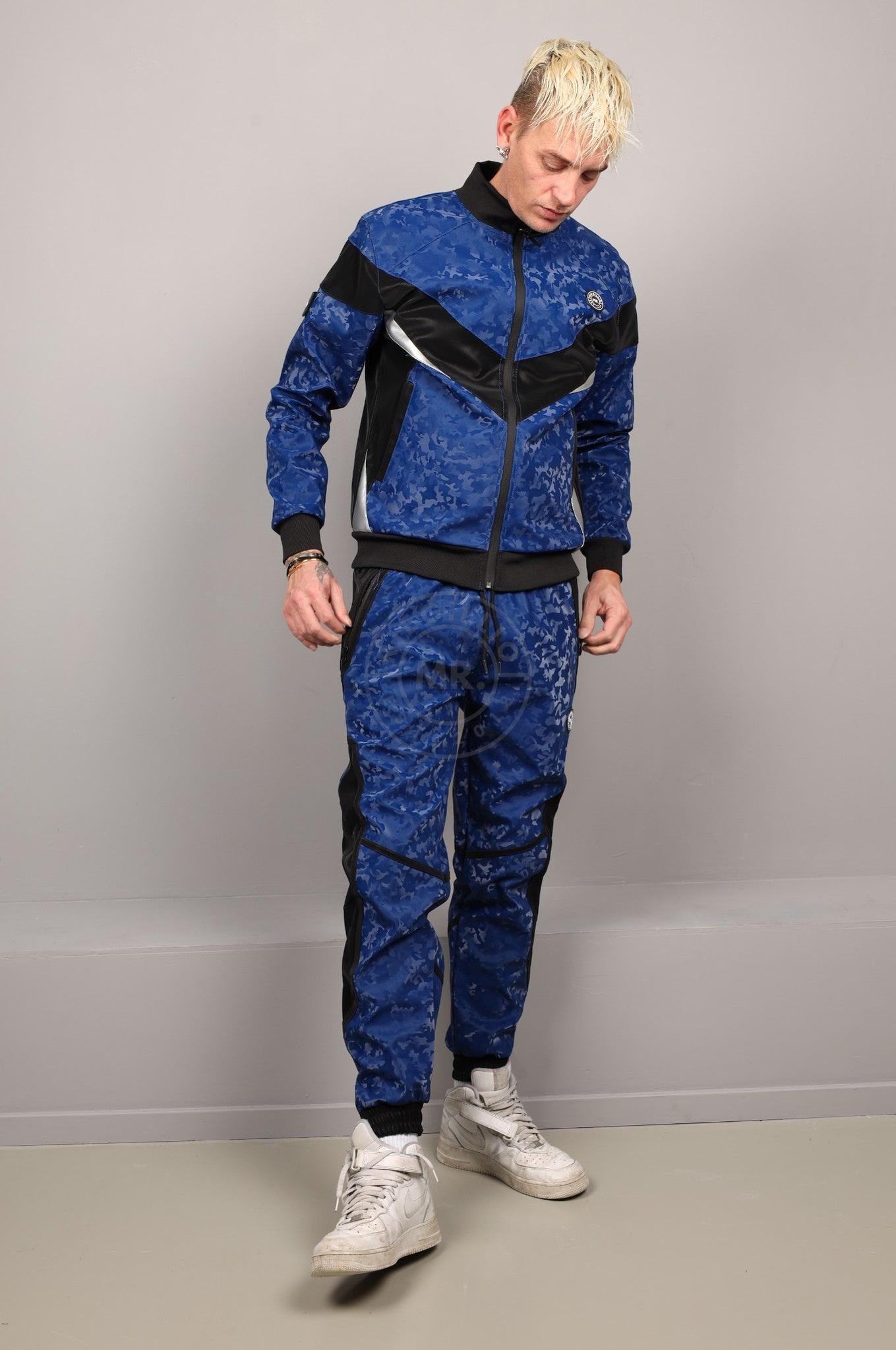 Blue Camo Vegan Leather Tracksuit Pants at MR. Riegillio