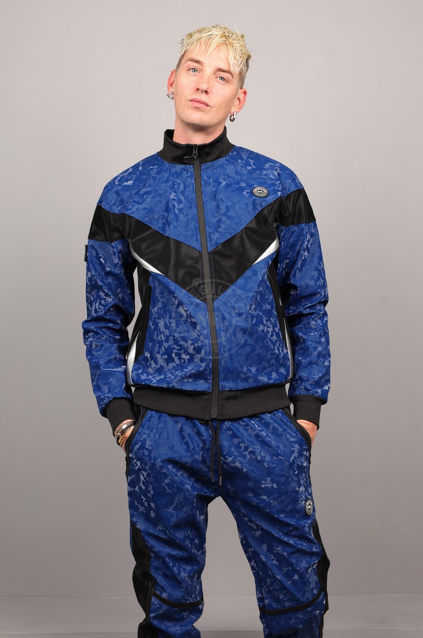 Blue Camo Vegan Leather Tracksuit Jacket at MR. Riegillio
