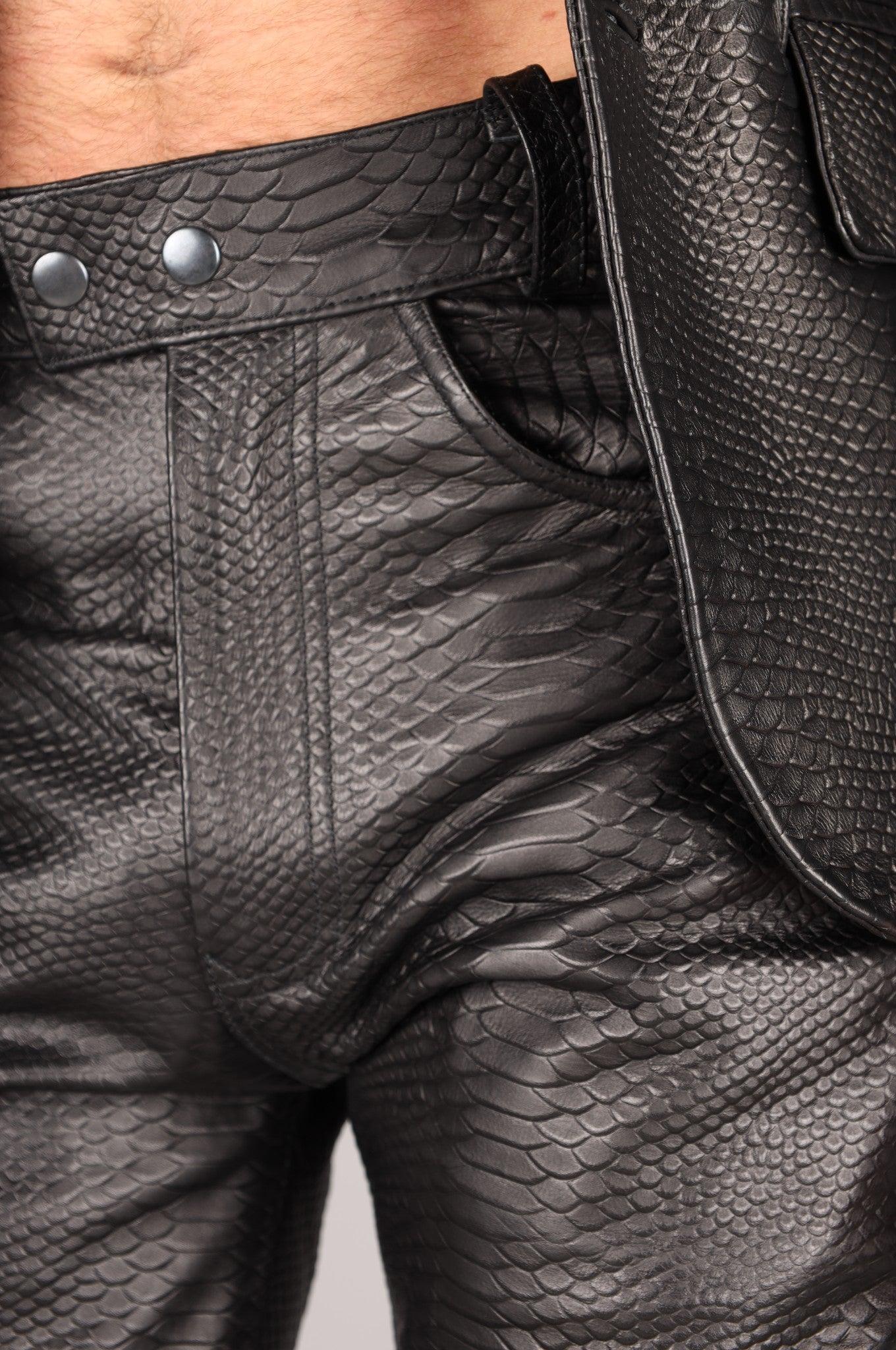 Black Leather Snake Print Pants at MR. Riegillio