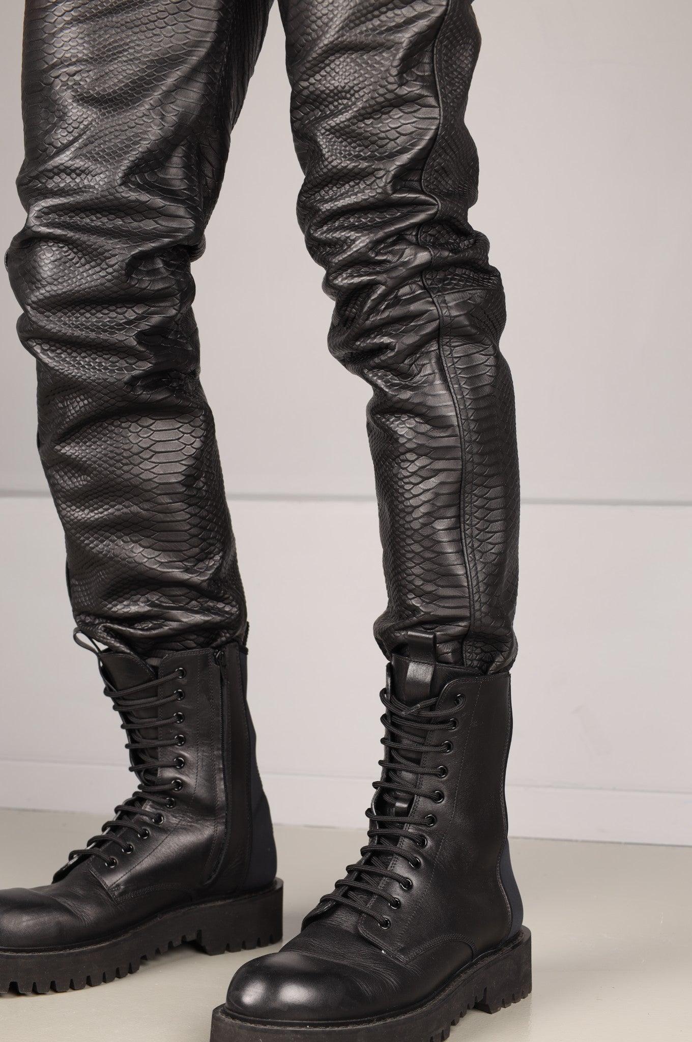 Black Leather Snake Print Pants at MR. Riegillio