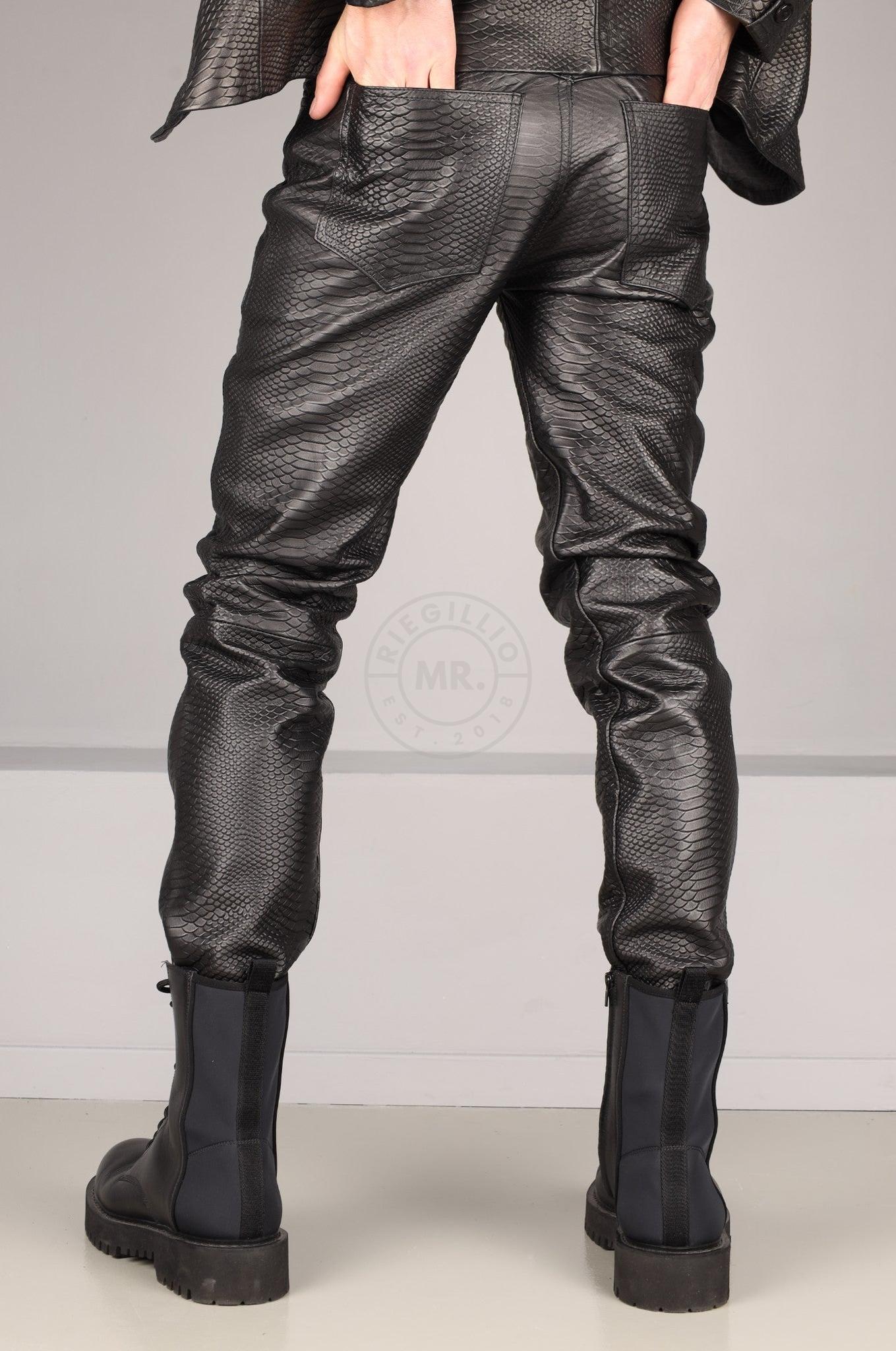 Black Leather Snake Print Pants at MR. Riegillio
