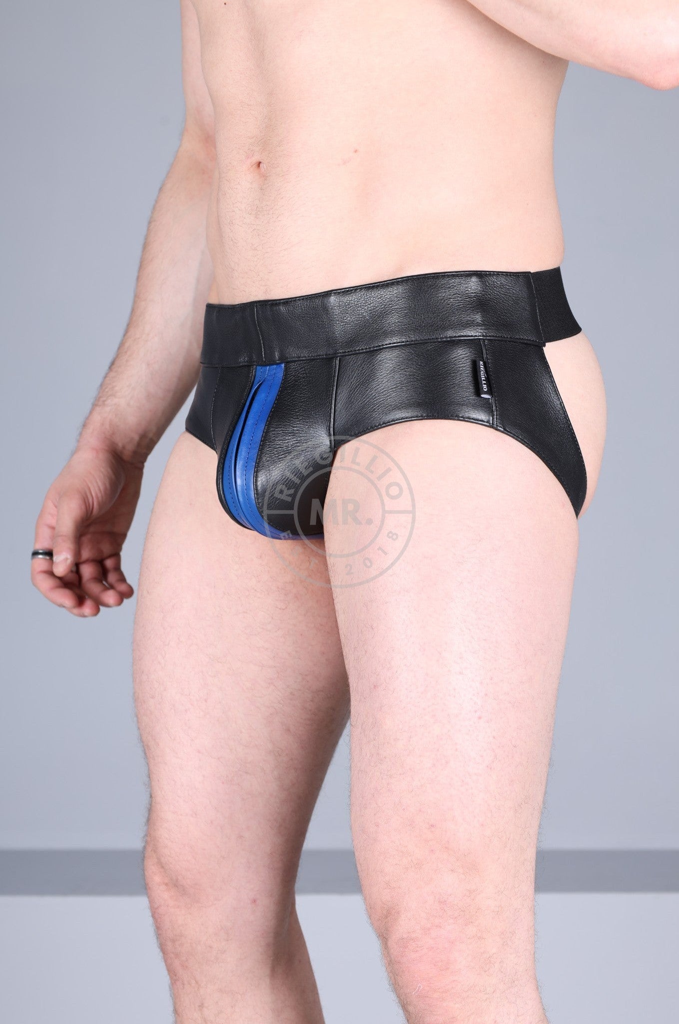 Black Leather Jockstrap - Kobalt Blue Stripe at MR. Riegillio