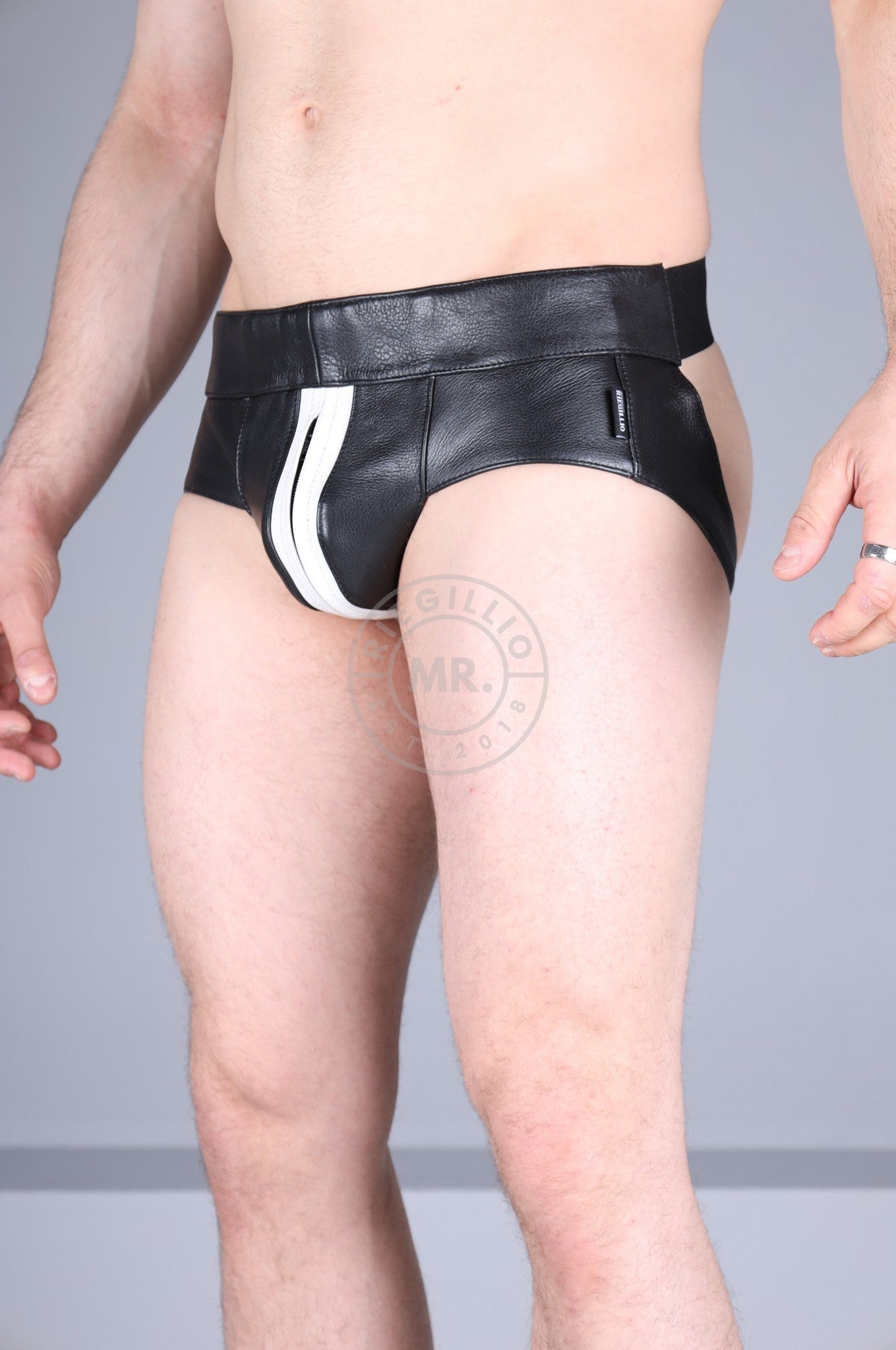 Black Leather Jockstrap - White Stripe at MR. Riegillio