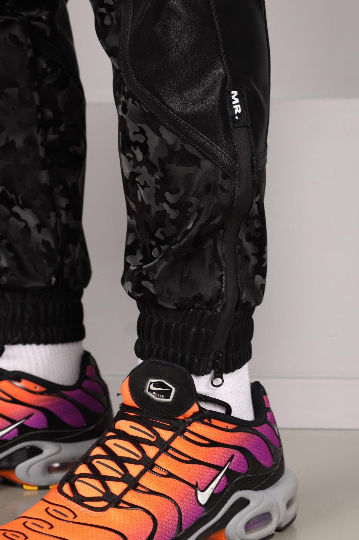 Camo Vegan Leather Tracksuit Pants at MR. Riegillio