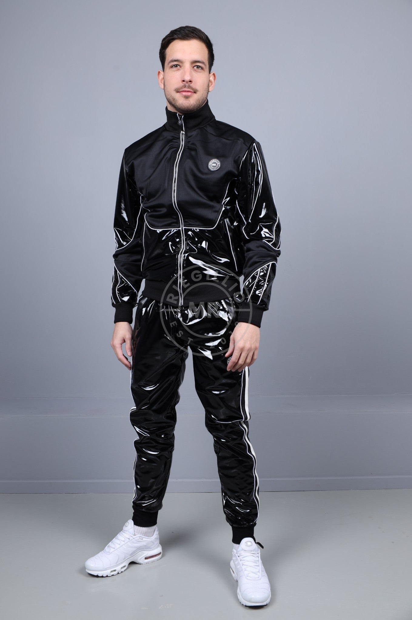 PVC 24 Tracksuit Pants - Black with White Piping at MR. Riegillio