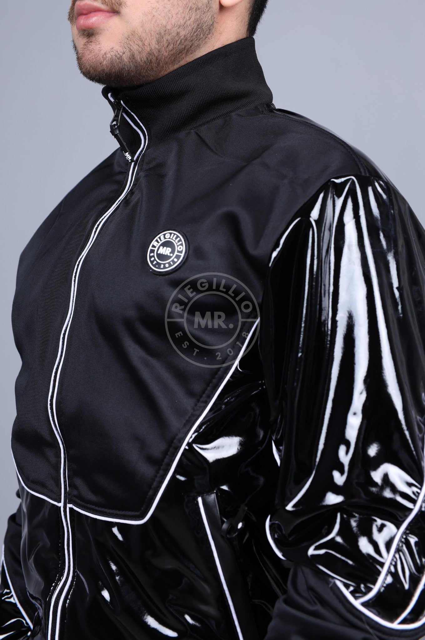 PVC 24 Tracksuit Jacket - Black with White Piping at MR. Riegillio