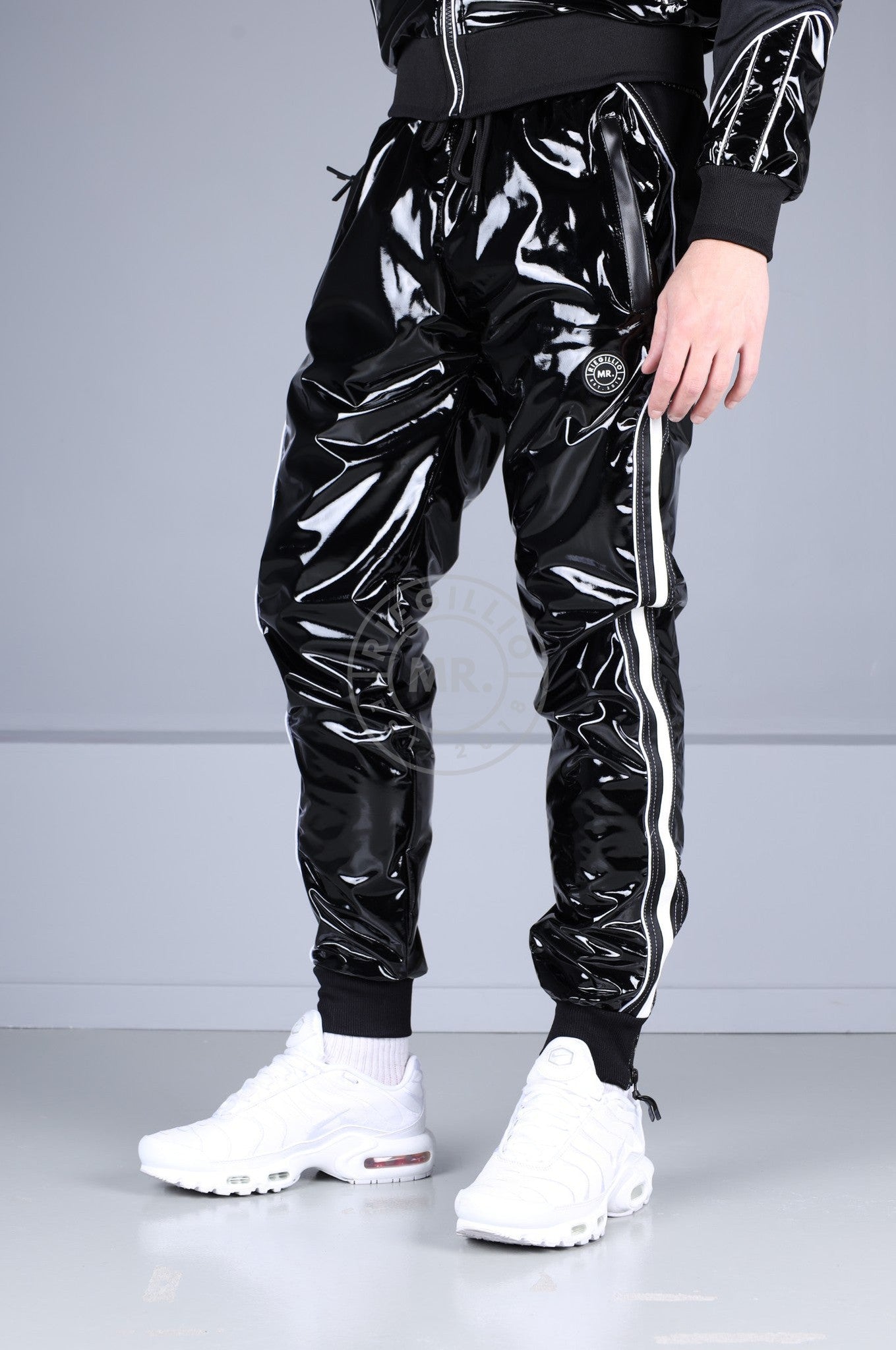 PVC 24 Tracksuit Pants - Black with White Piping at MR. Riegillio