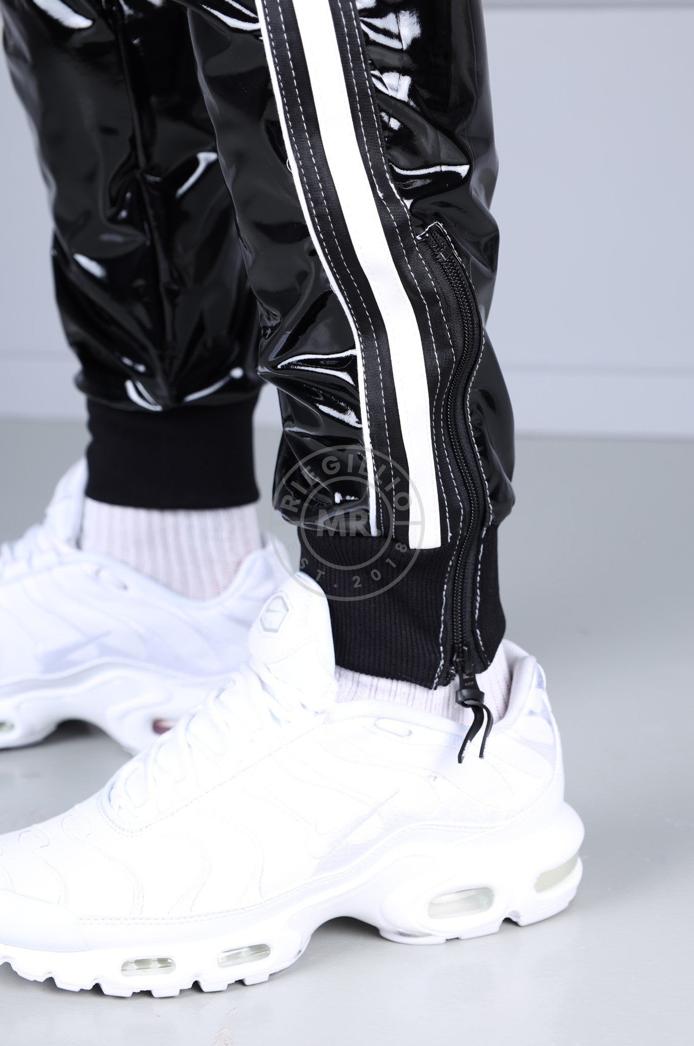 PVC 24 Tracksuit Pants - Black with White Piping at MR. Riegillio