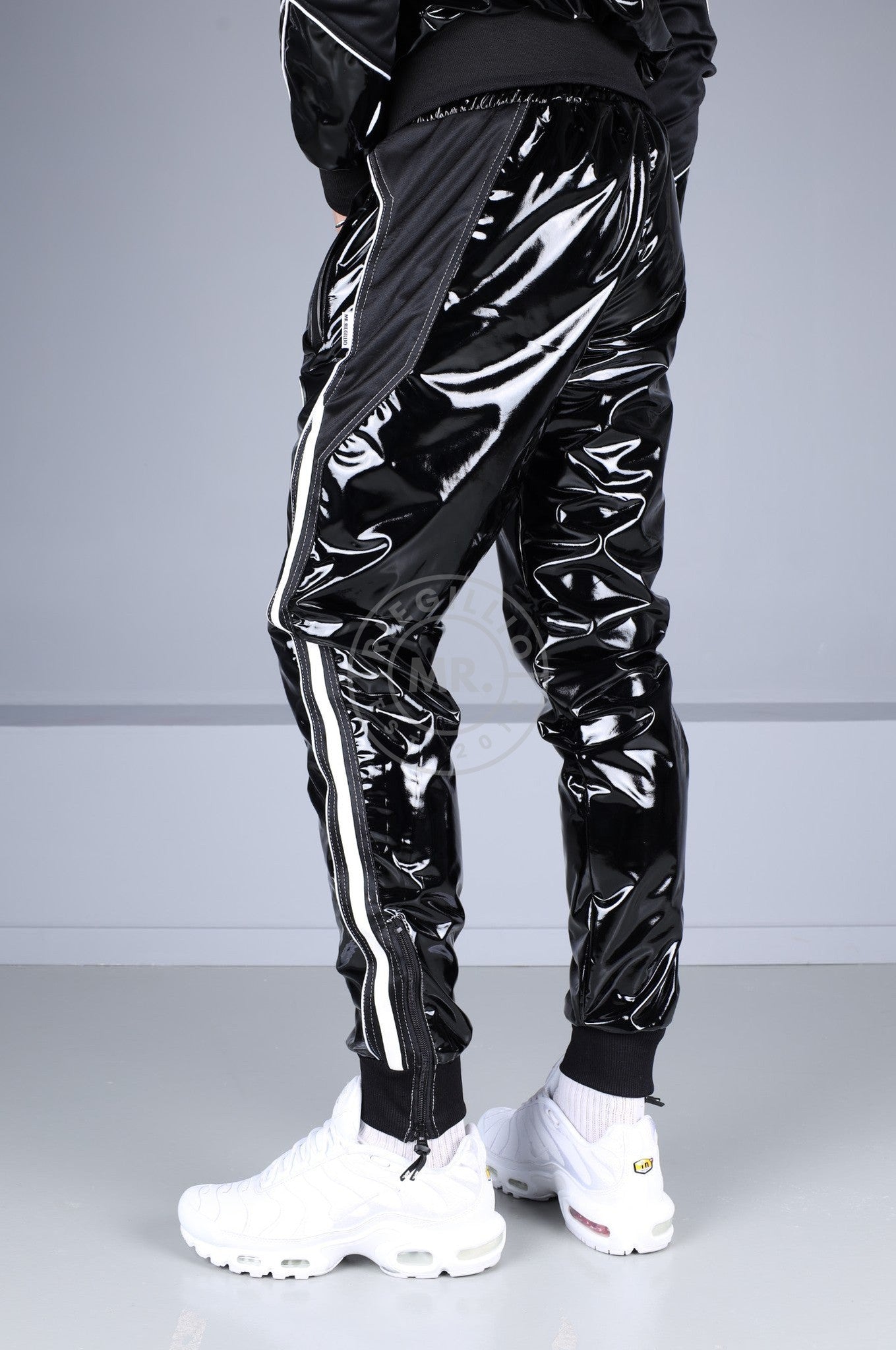 PVC 24 Tracksuit Pants - Black with White Piping at MR. Riegillio