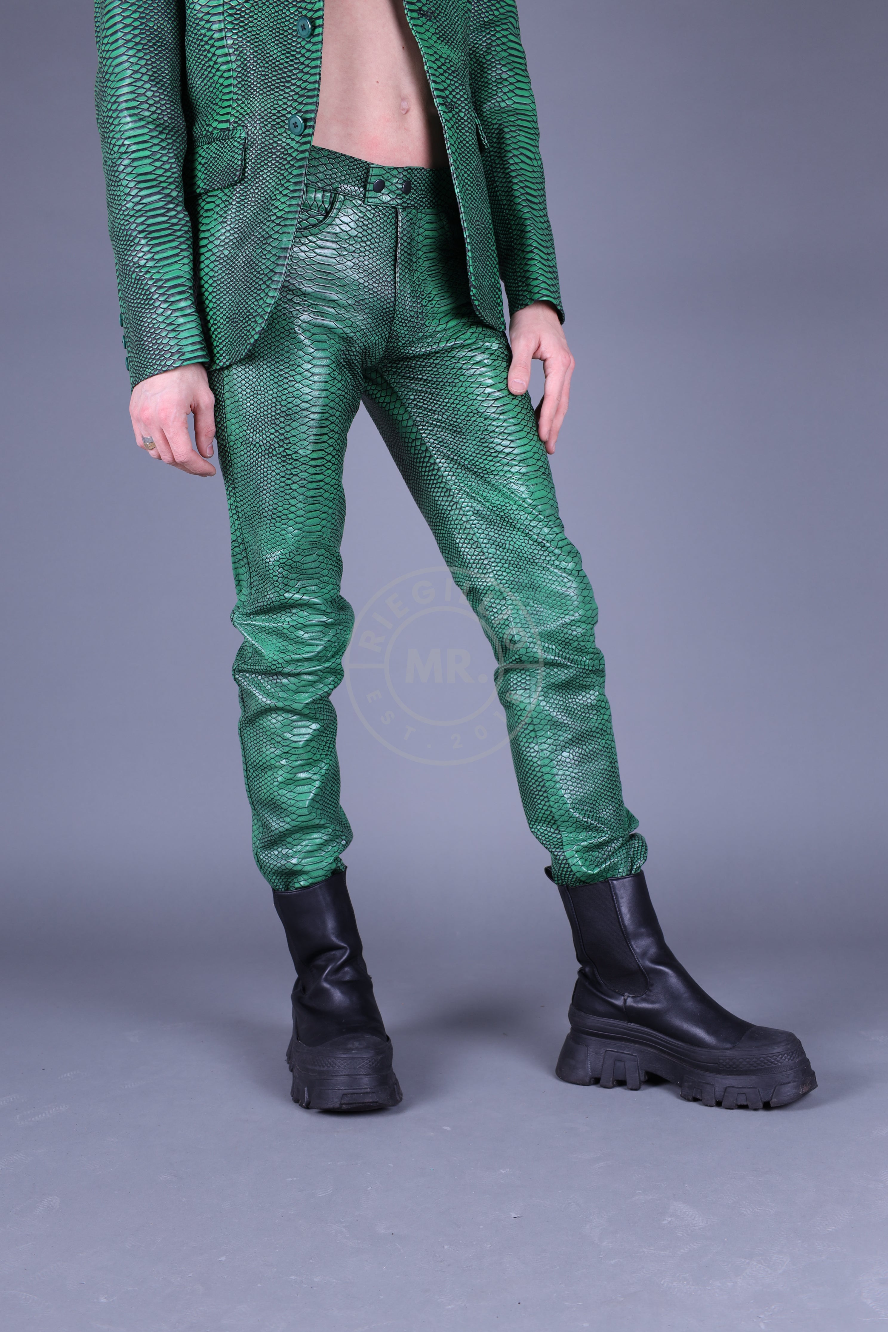 Green Leather Snake Pants-at MR. Riegillio