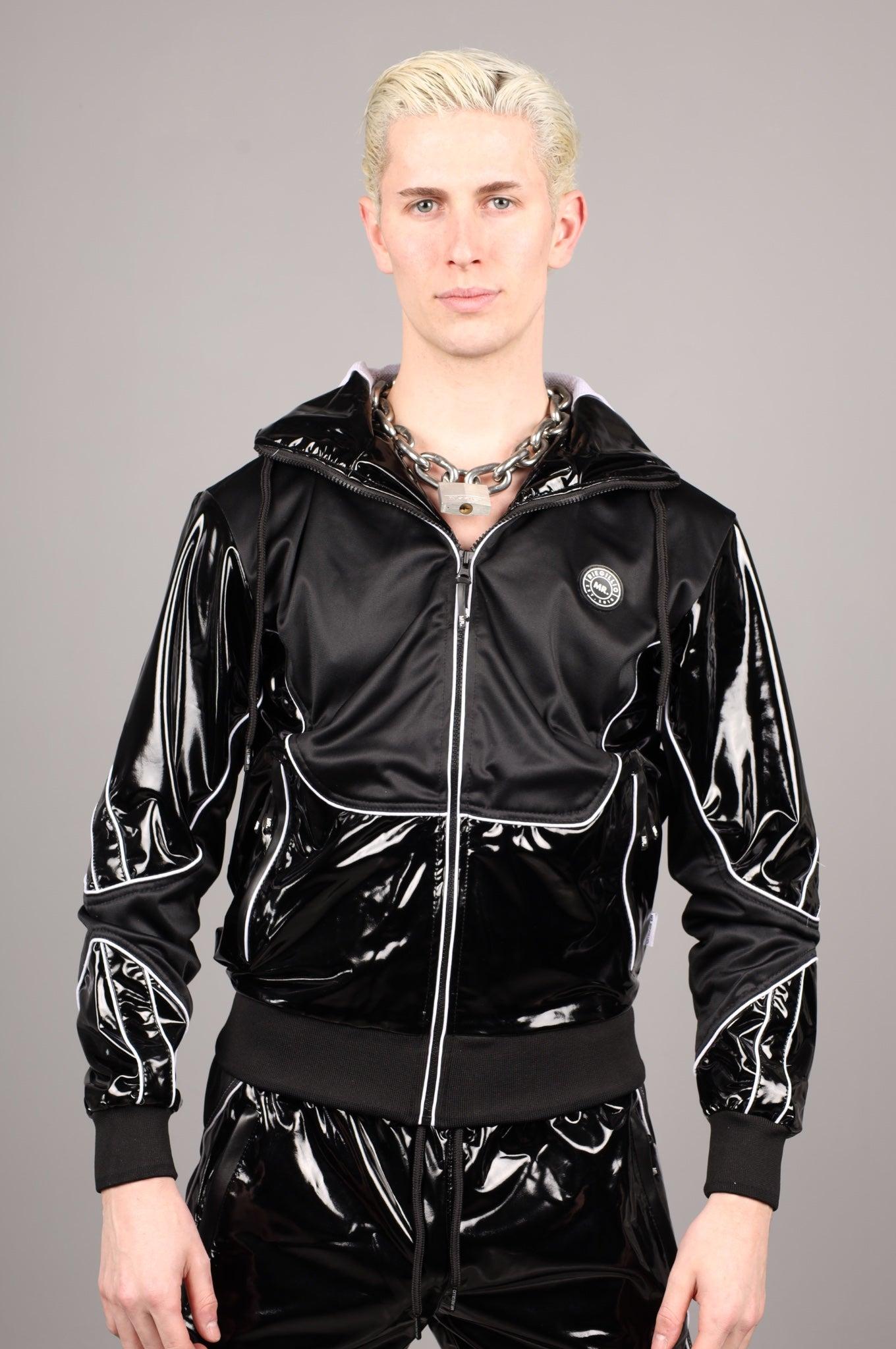 PVC 24 Tracksuit Hooded Jacket - Black with White Piping at MR. Riegillio