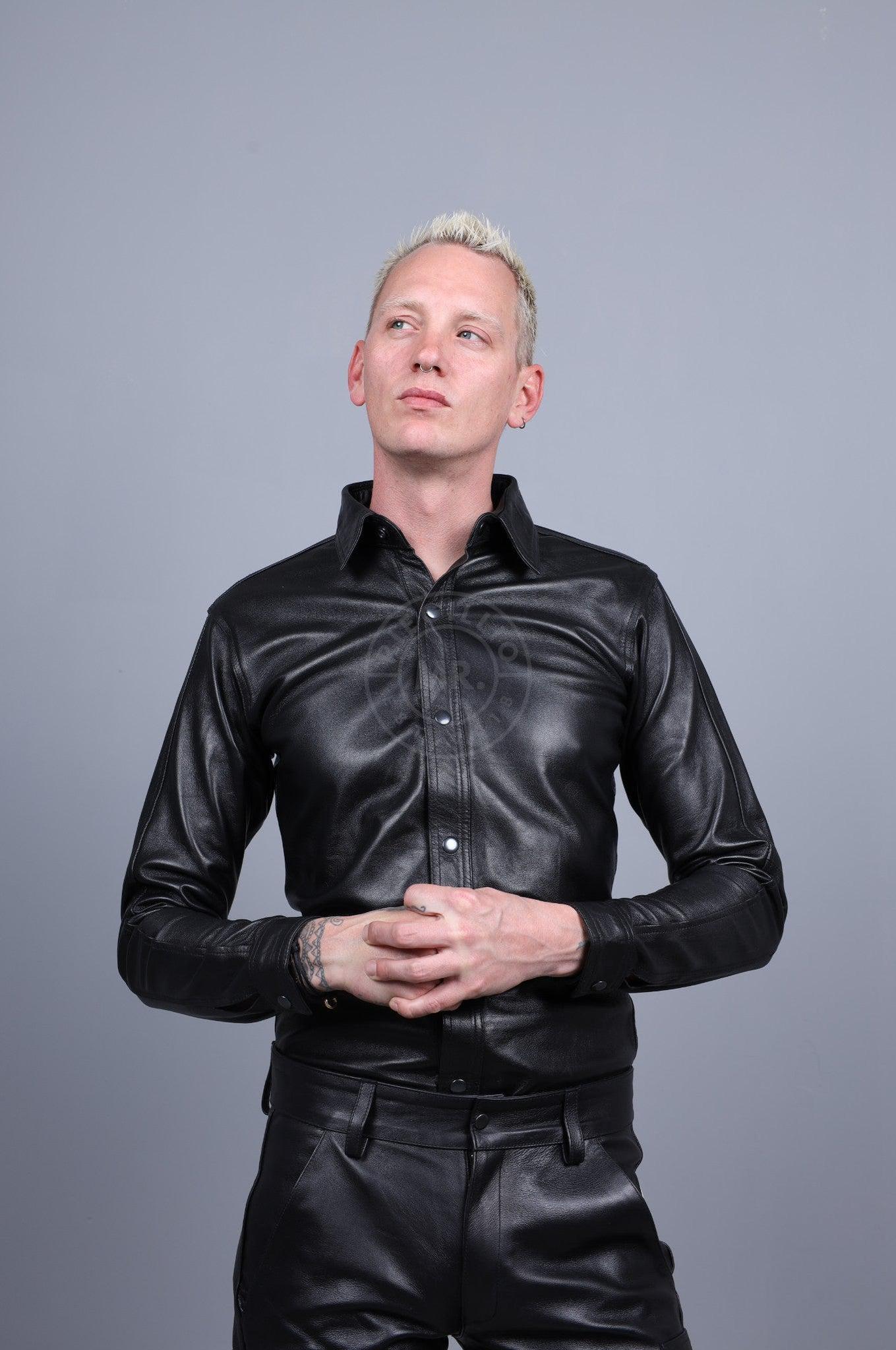 Black Plain Leather Shirt Long Sleeves at MR. Riegillio