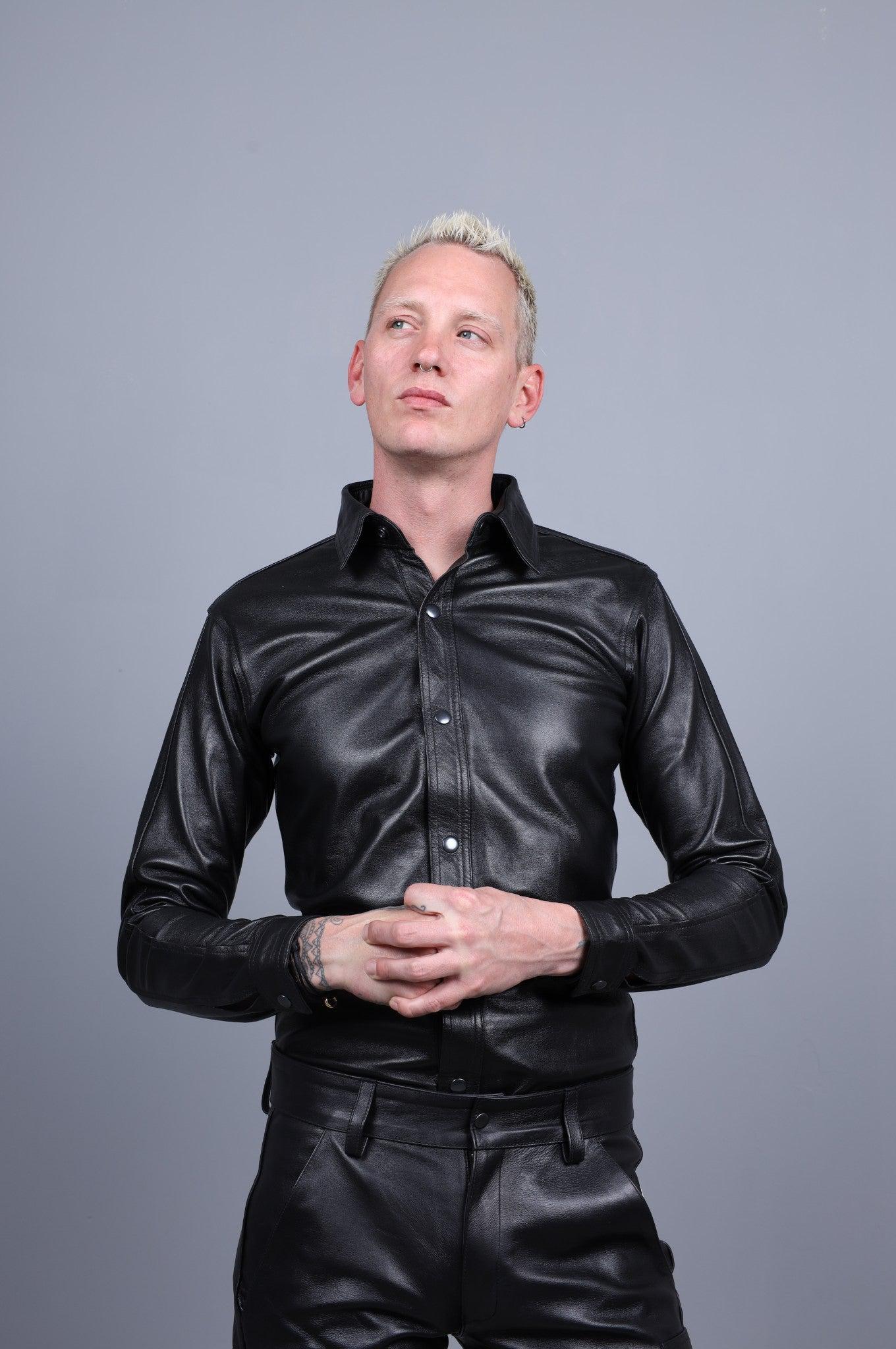 Black Plain Leather Shirt Long Sleeves at MR. Riegillio