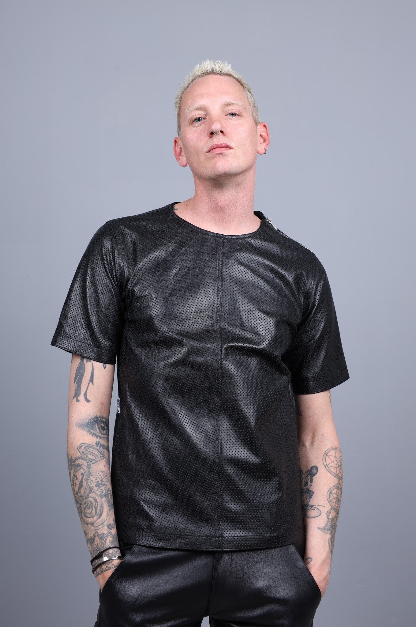 Black Leather Perforated T-Shirt at MR. Riegillio