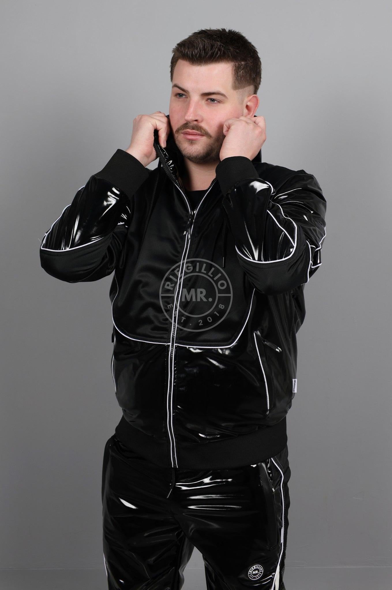 PVC 24 Tracksuit Hooded Jacket - Black with White Piping at MR. Riegillio