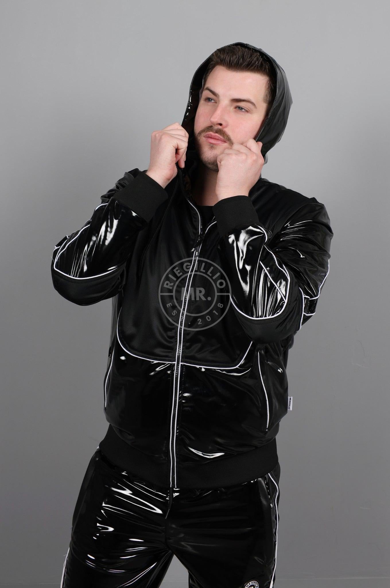 PVC 24 Tracksuit Hooded Jacket - Black with White Piping at MR. Riegillio
