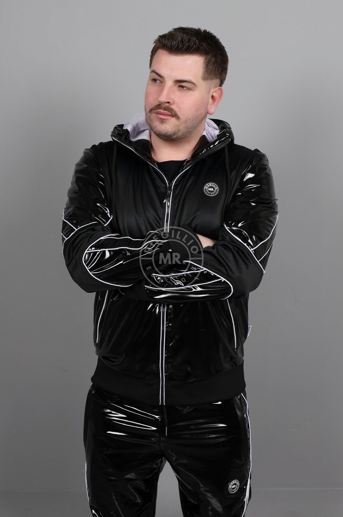 PVC 24 Tracksuit Hooded Jacket - Black with White Piping at MR. Riegillio