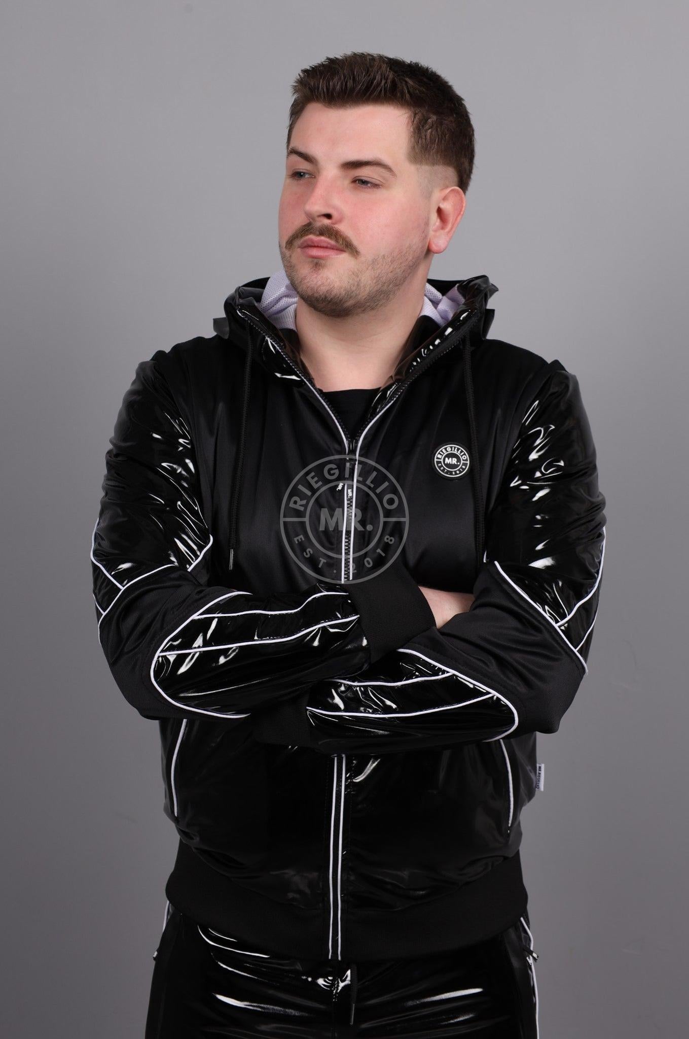 PVC 24 Tracksuit Hooded Jacket - Black with White Piping at MR. Riegillio