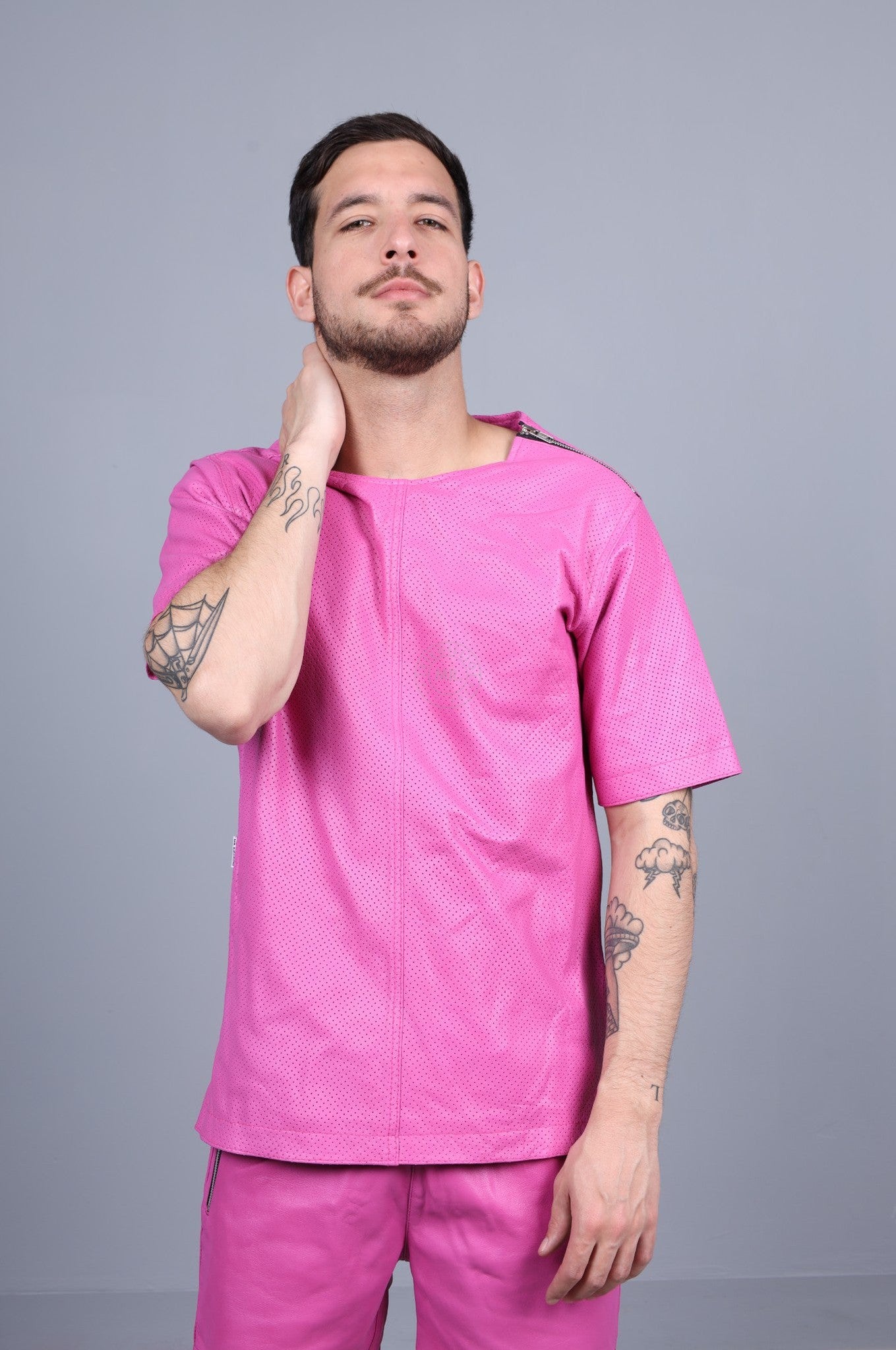 Bright Pink Leather Perforated T-Shirt at MR. Riegillio
