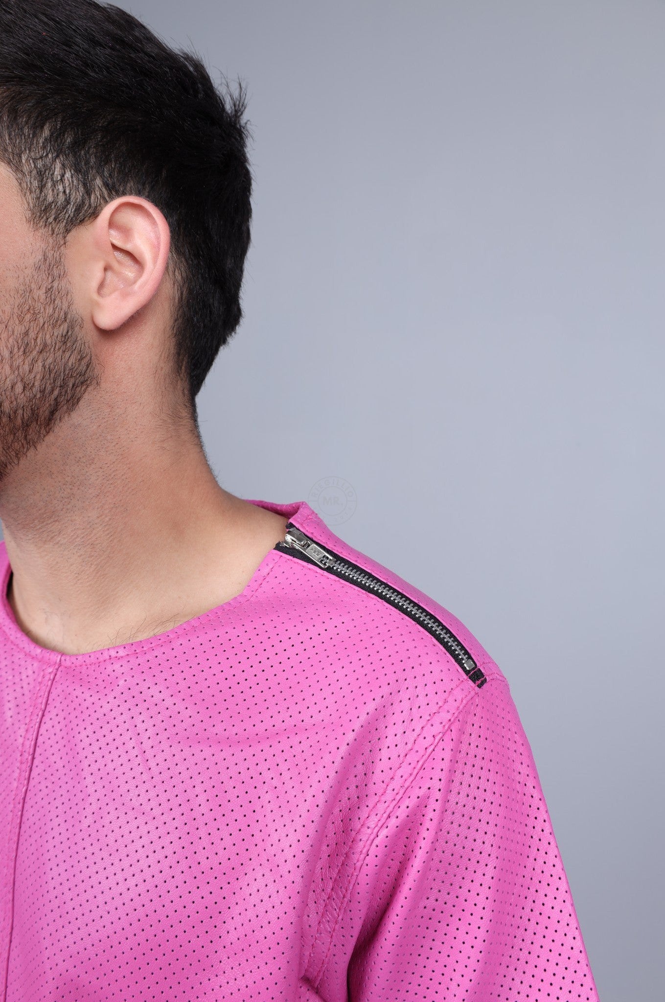 Bright Pink Leather Perforated T-Shirt at MR. Riegillio