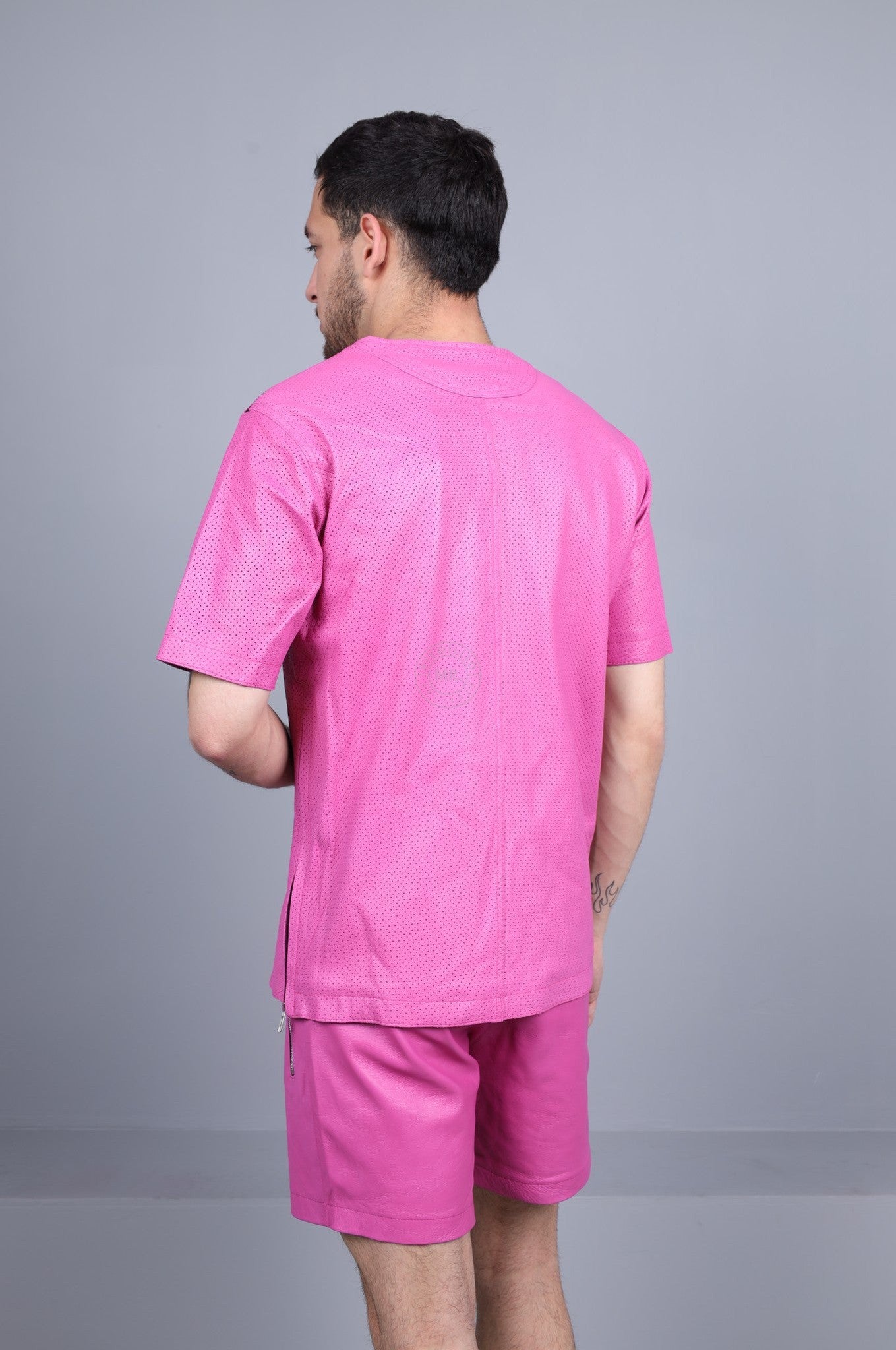 Bright Pink Leather Perforated T-Shirt at MR. Riegillio