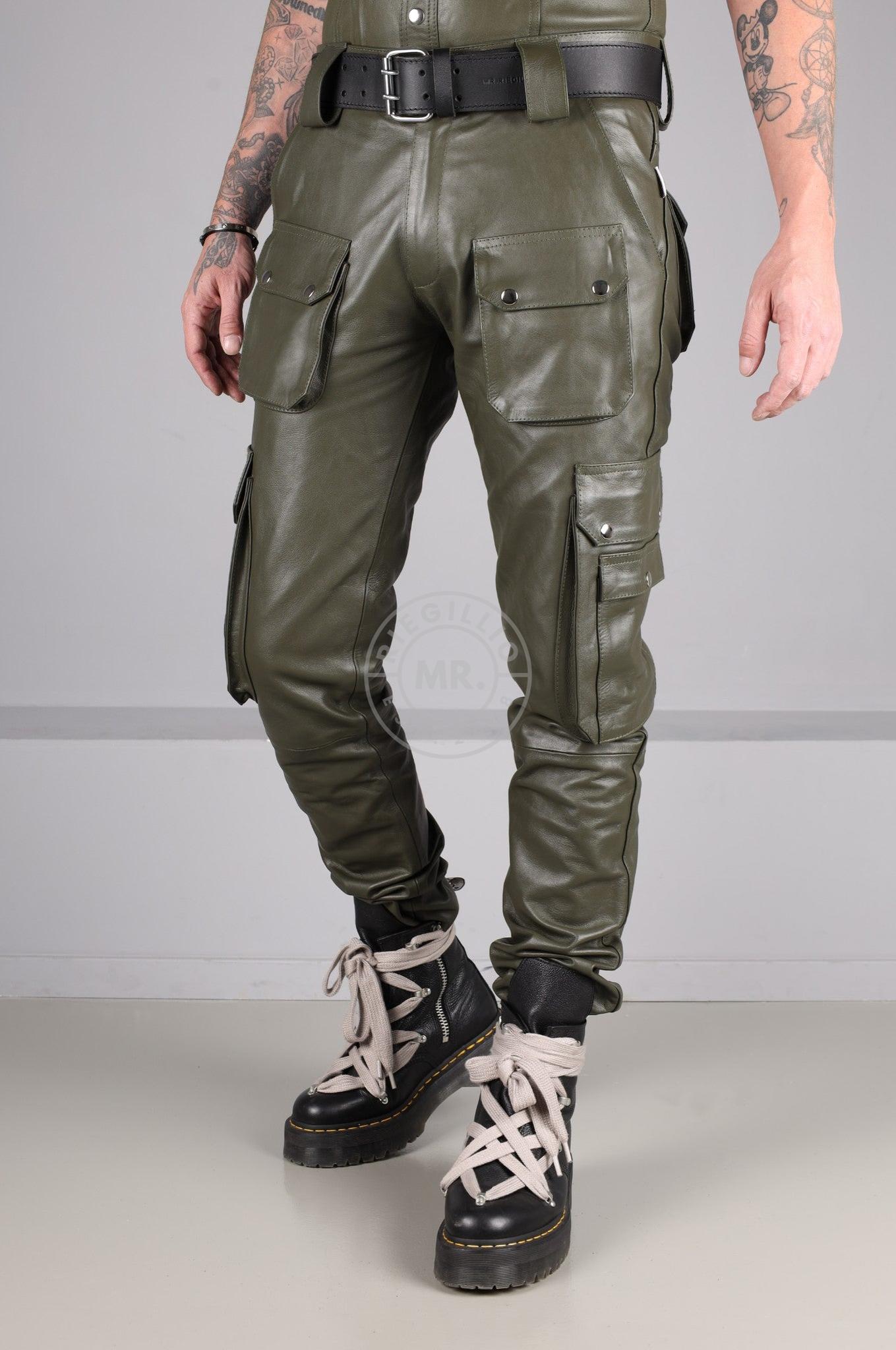 Army Green Leather Pants - Snap Pockets at MR. Riegillio