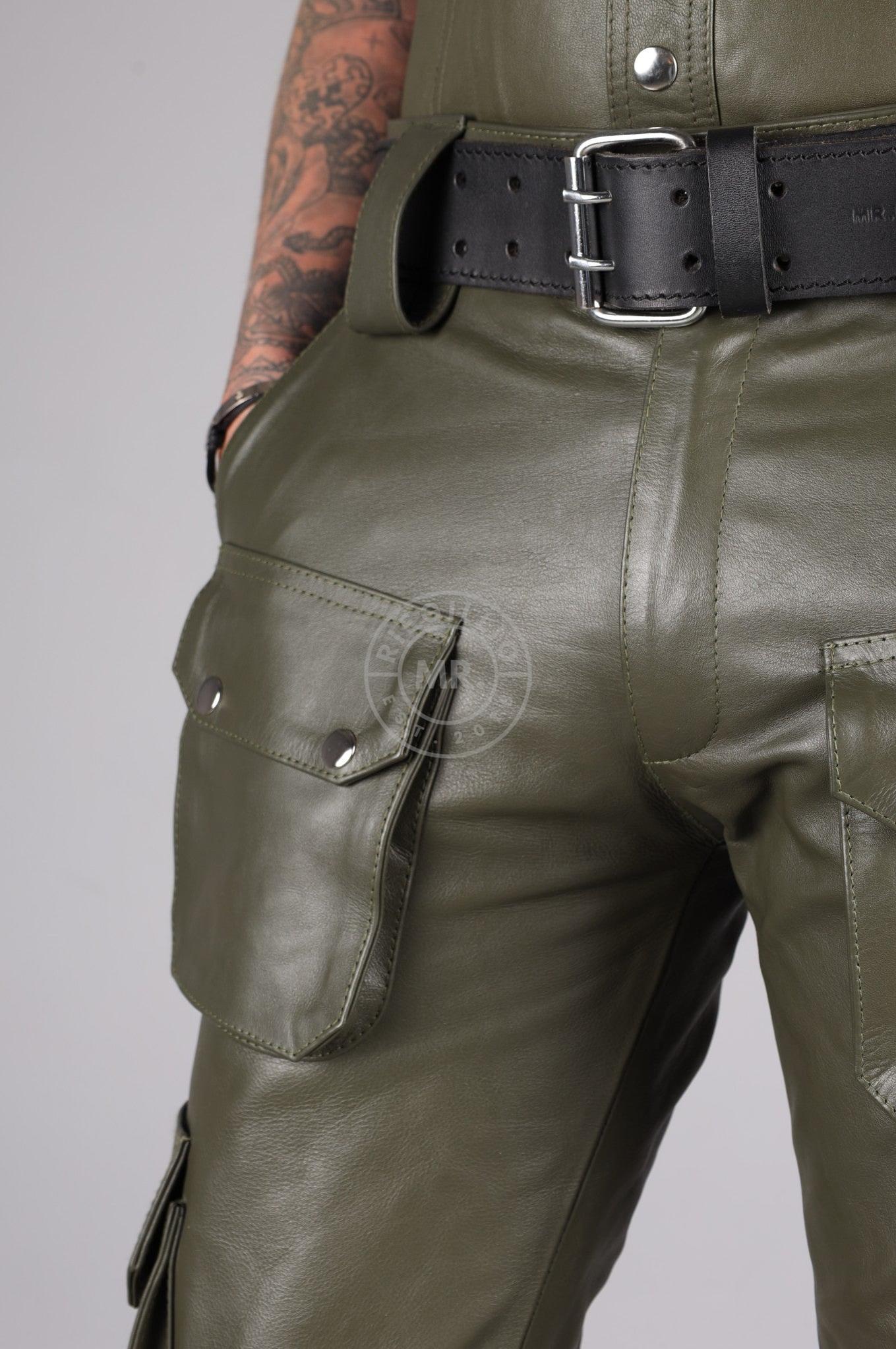 Army Green Leather Pants - Snap Pockets at MR. Riegillio