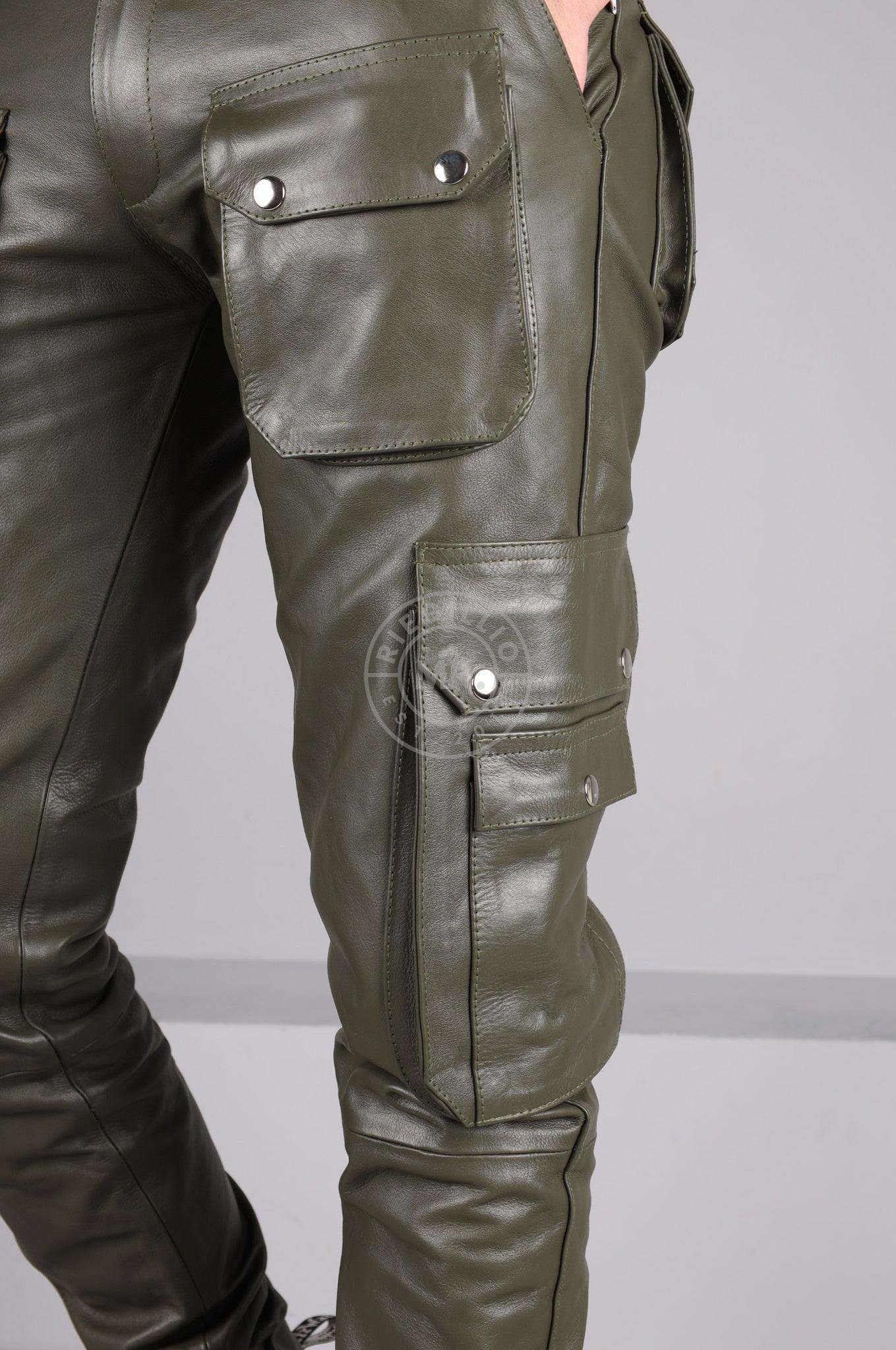 Army Green Leather Pants - Snap Pockets at MR. Riegillio