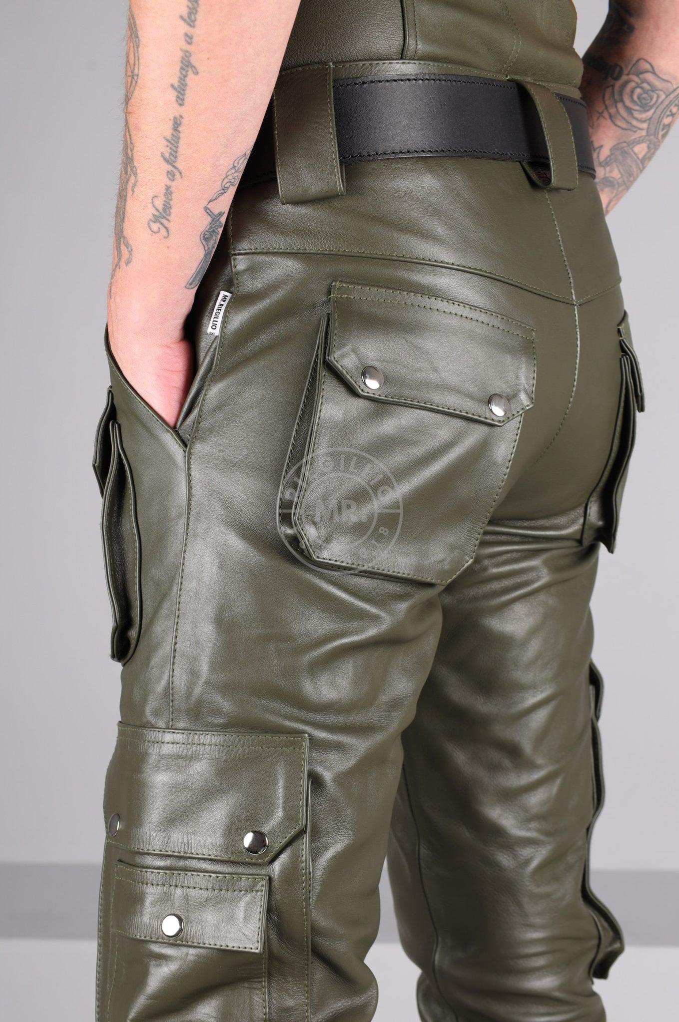 Army Green Leather Pants - Snap Pockets at MR. Riegillio