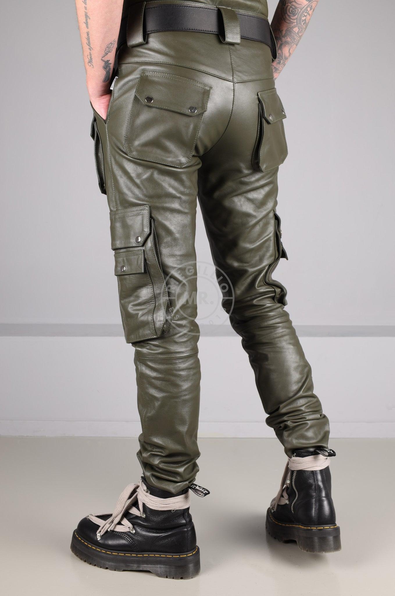 Army Green Leather Pants - Snap Pockets at MR. Riegillio