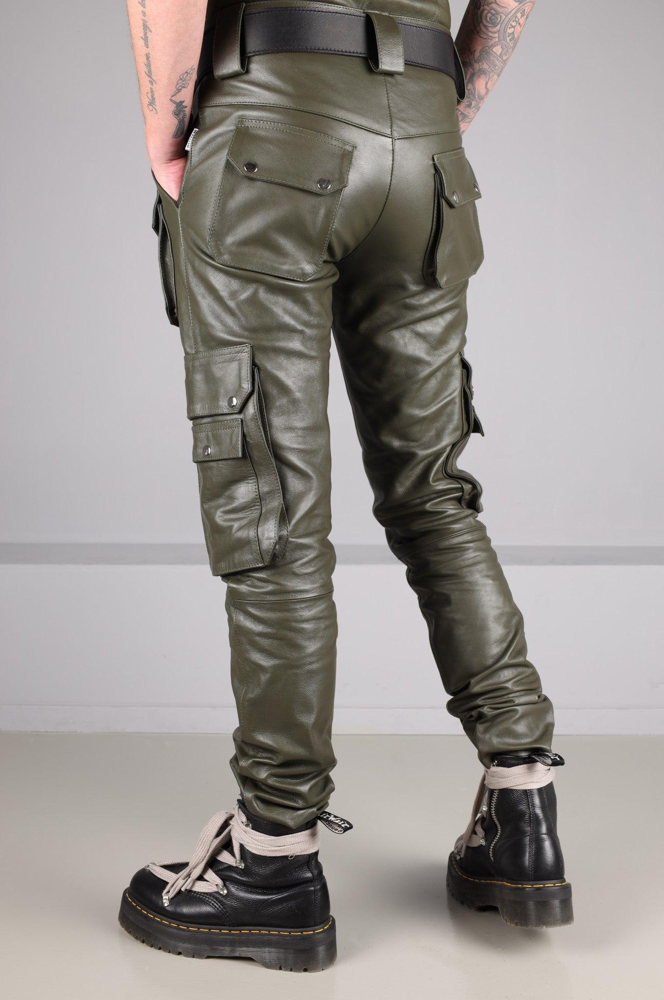 Army Green Leather Pants - Snap Pockets at MR. Riegillio