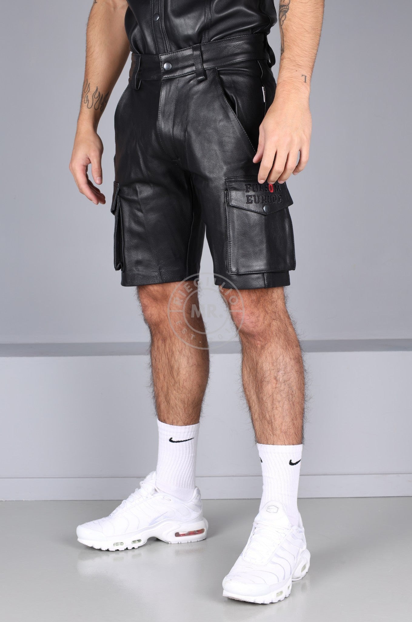Black Leather Cargo Short - Folsom Edition at MR. Riegillio
