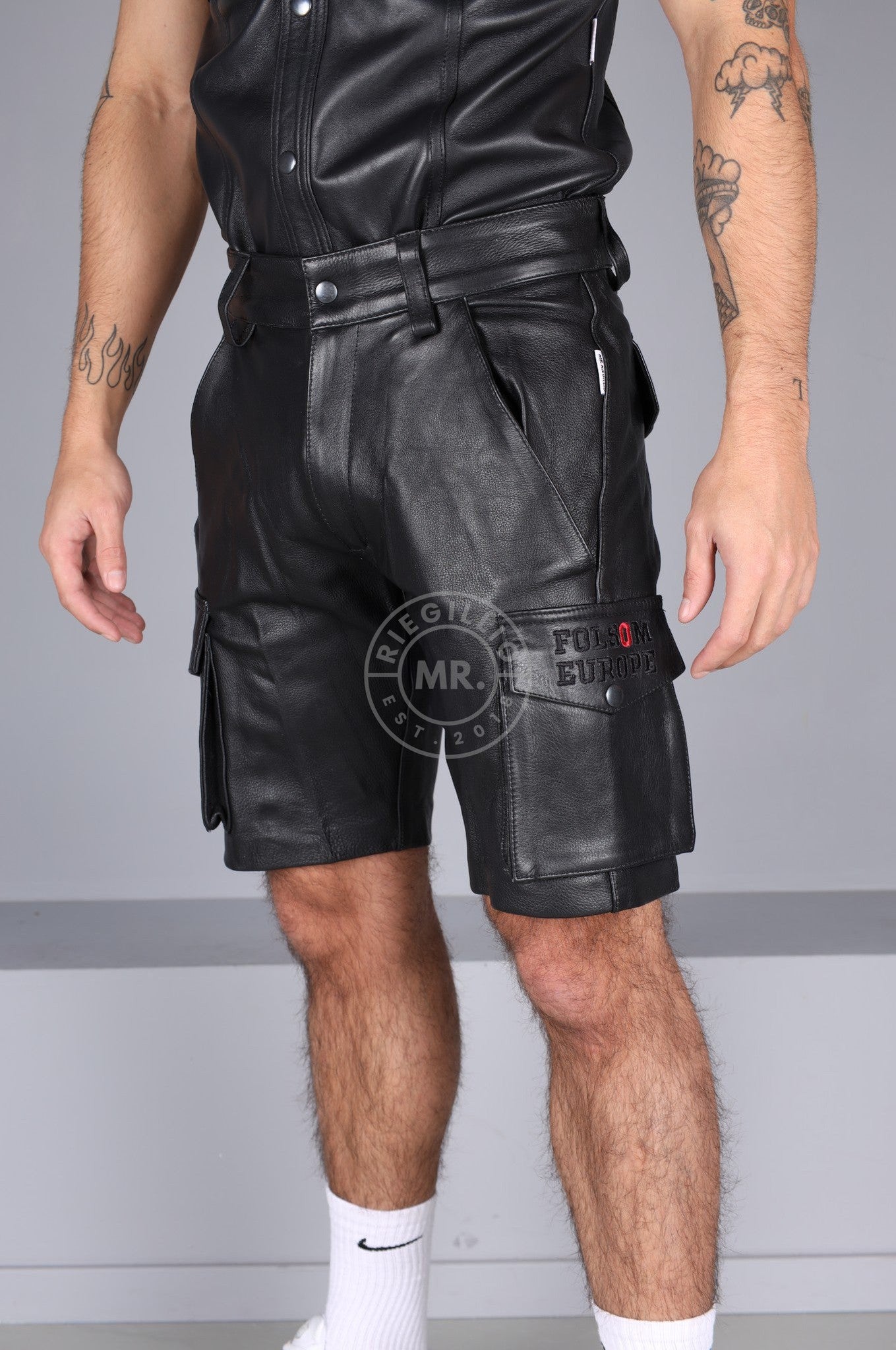 Black Leather Cargo Short - Folsom Edition at MR. Riegillio