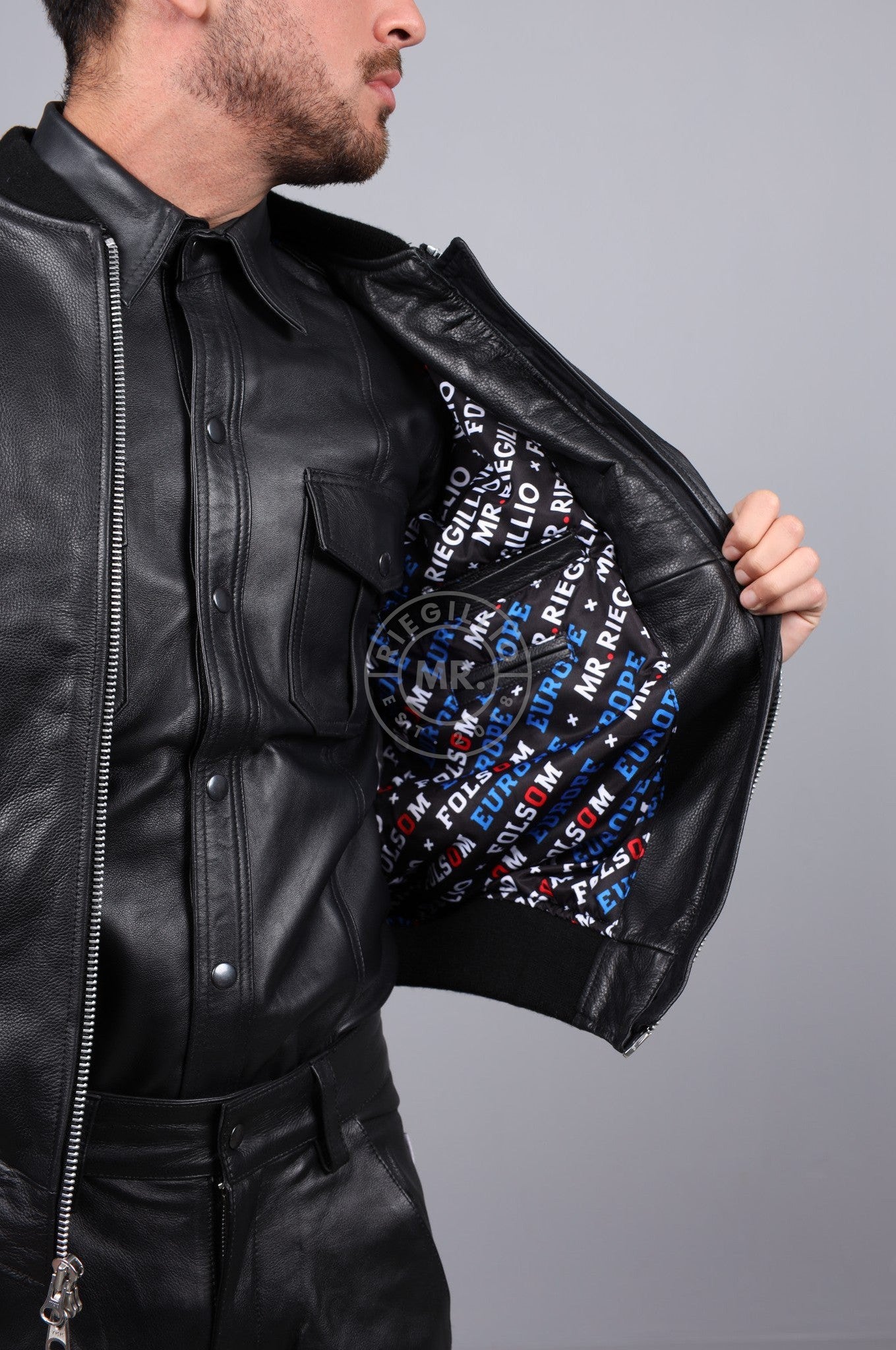 Black Leather Bomber Jacket - Folsom Edition at MR. Riegillio