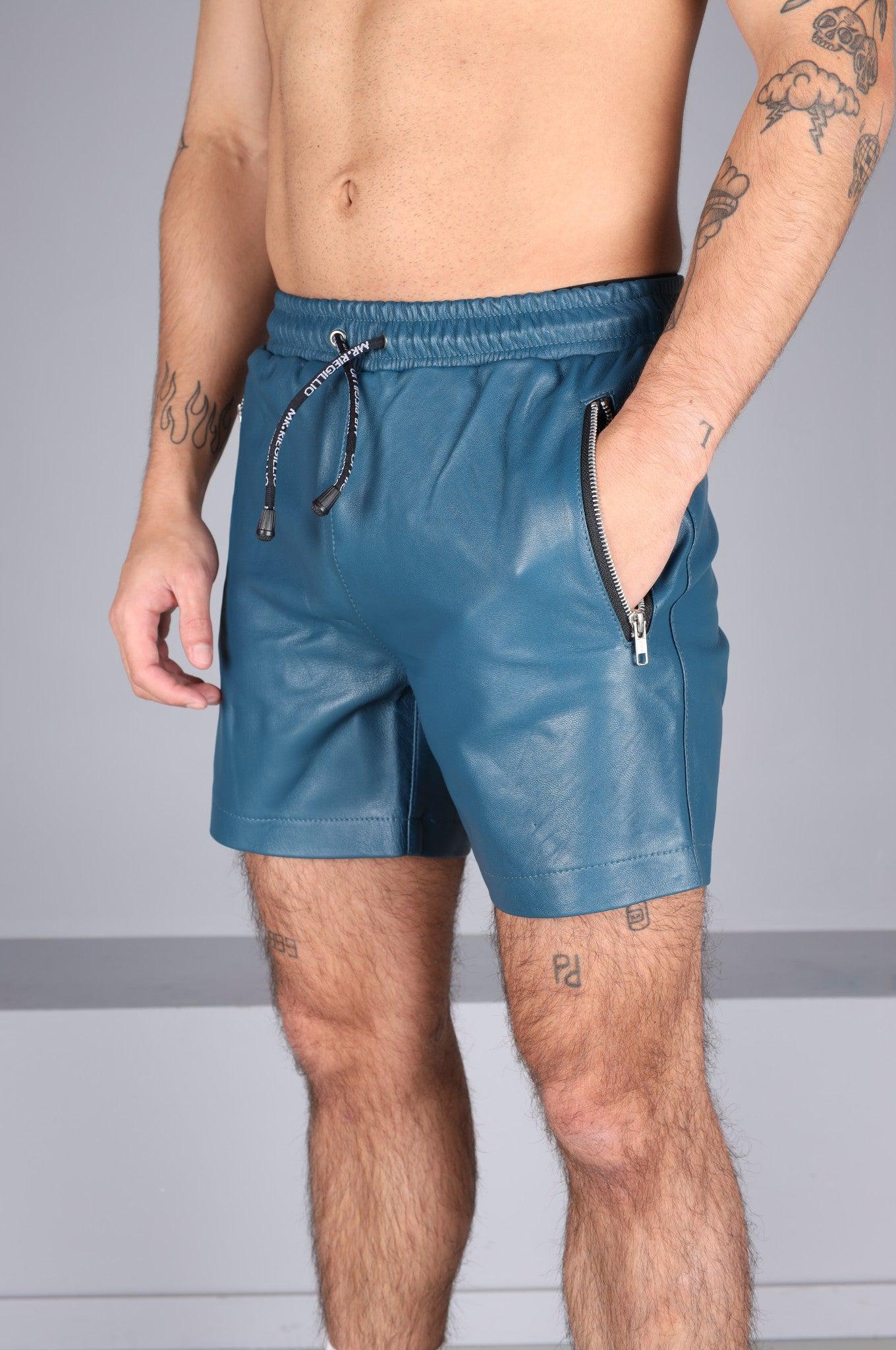 Jeans Blue Leather Track Short at MR. Riegillio