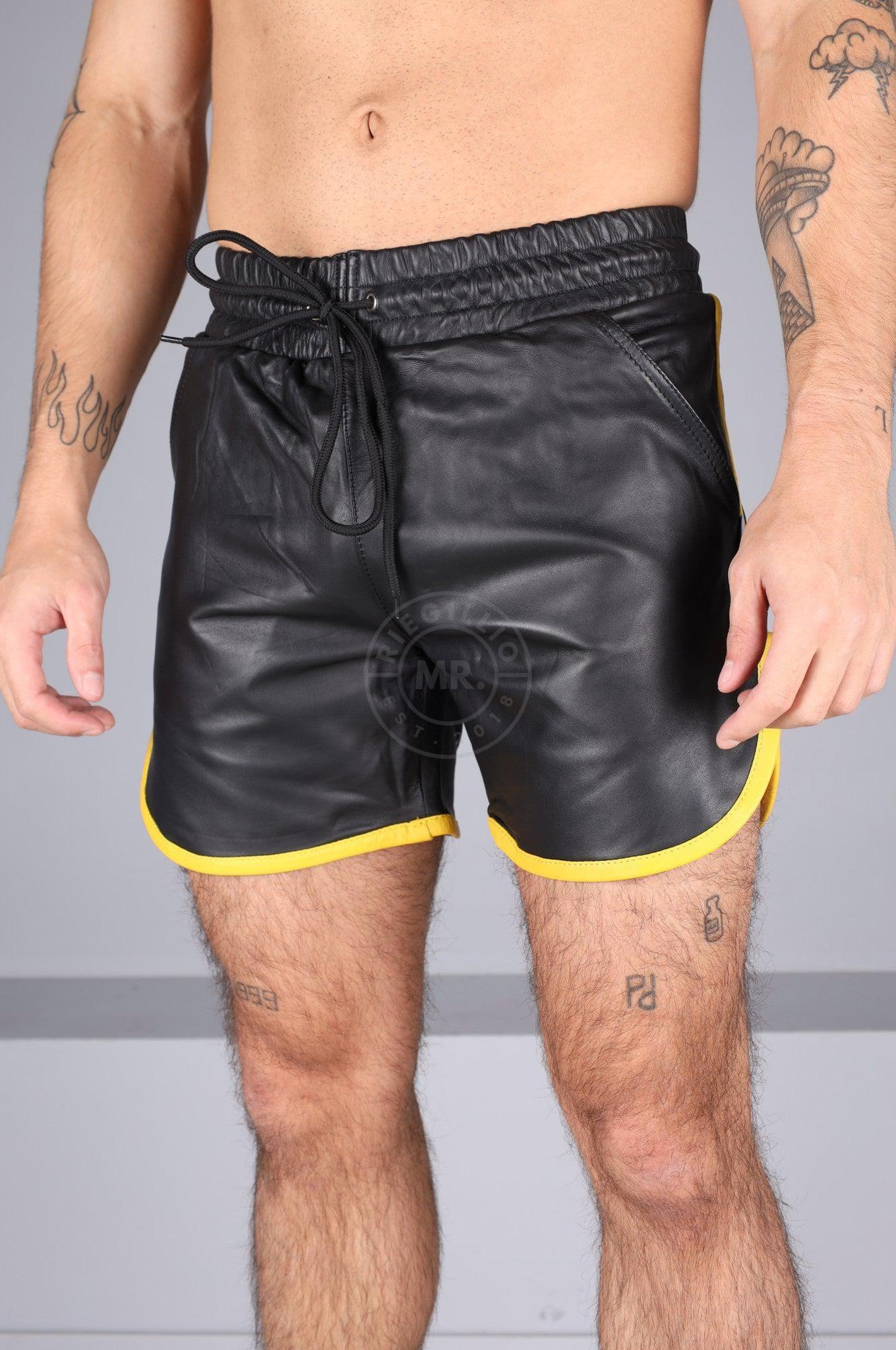 Berlin Black Leather Sport Short - Yellow Piping at MR. Riegillio