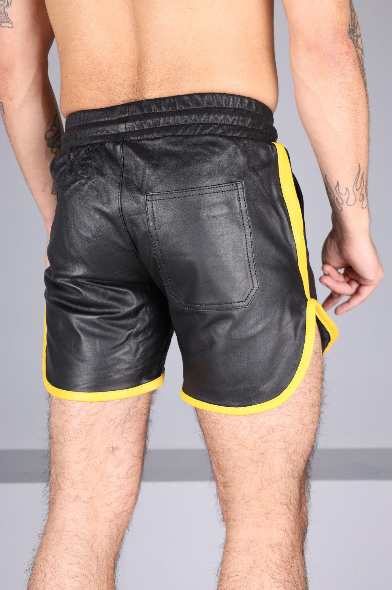 Berlin Black Leather Sport Short - Yellow Piping at MR. Riegillio