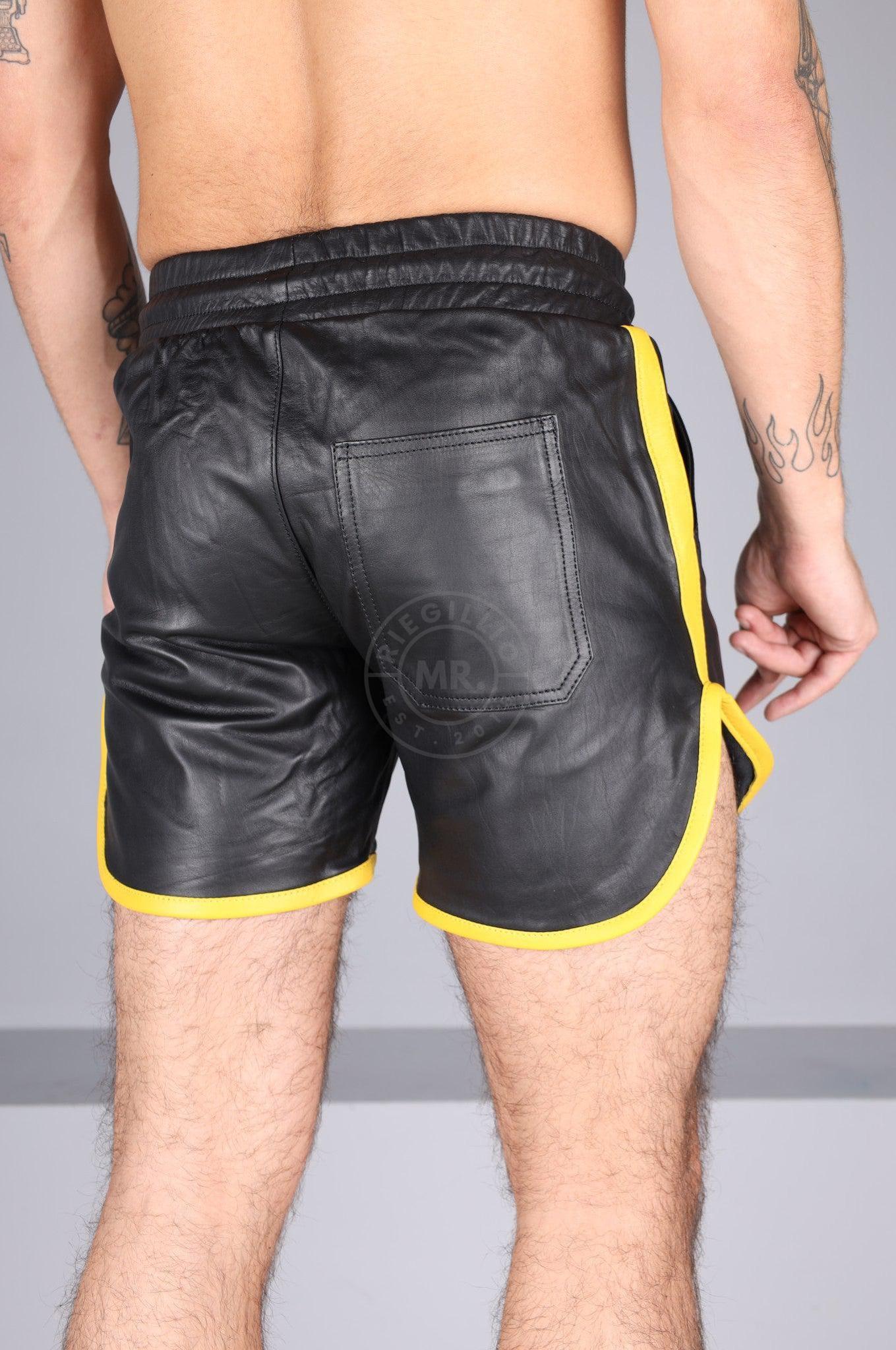 Berlin Black Leather Sport Short - Yellow Piping at MR. Riegillio