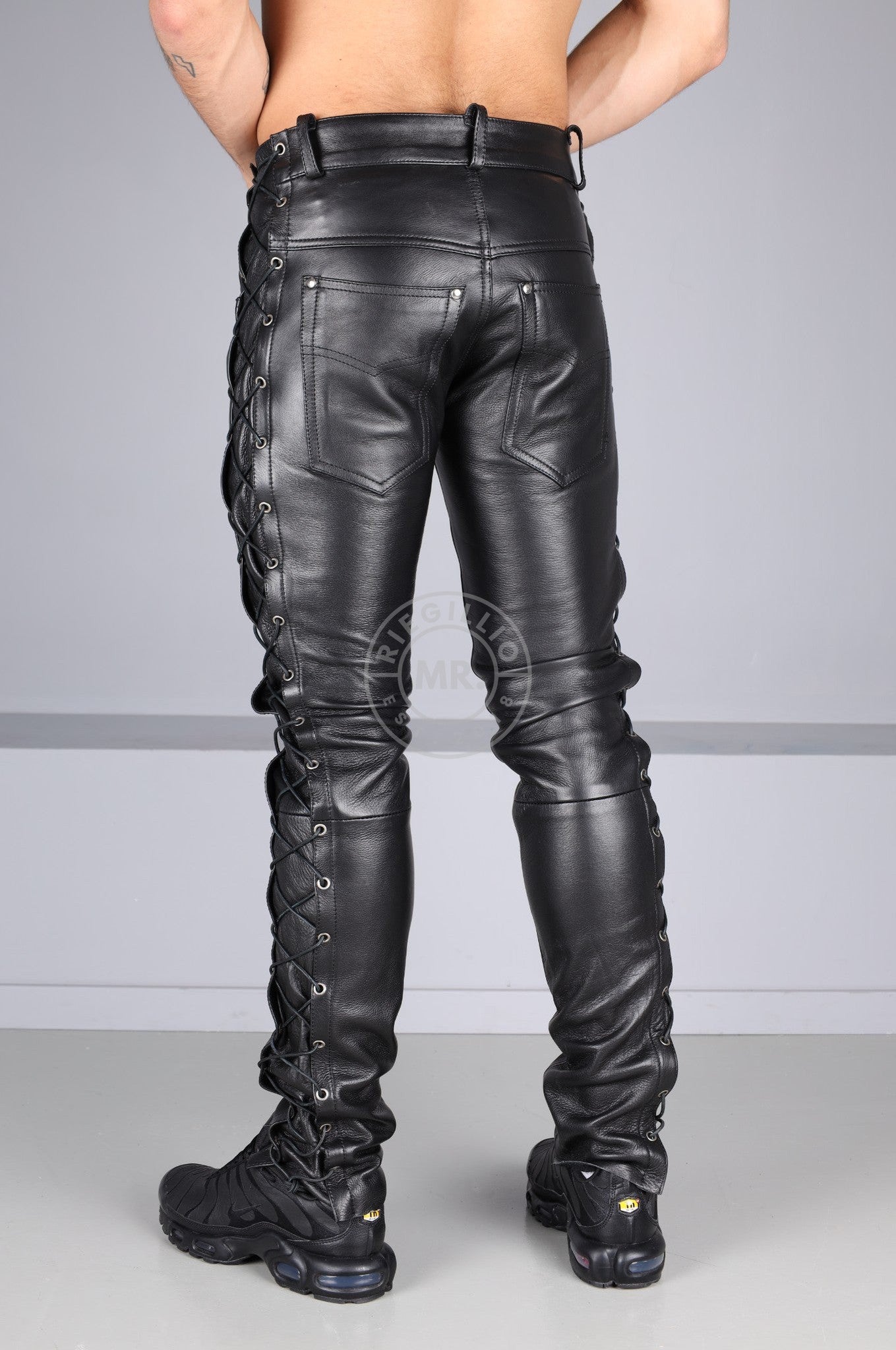 Berlin Black Leather 5 Pocket Lace Up Pants at MR. Riegillio