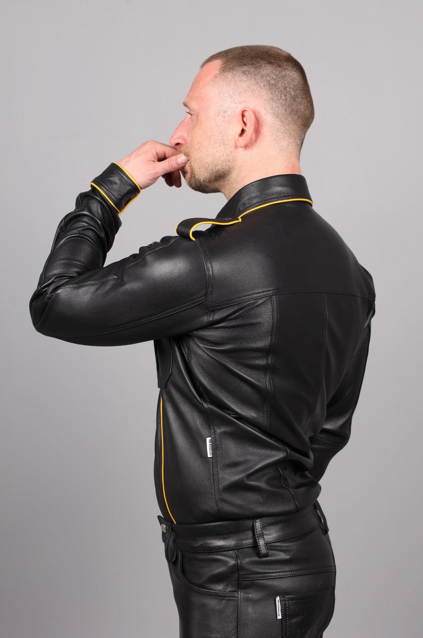 Black Leather Shirt Long Sleeves - Yellow Piping at MR. Riegillio