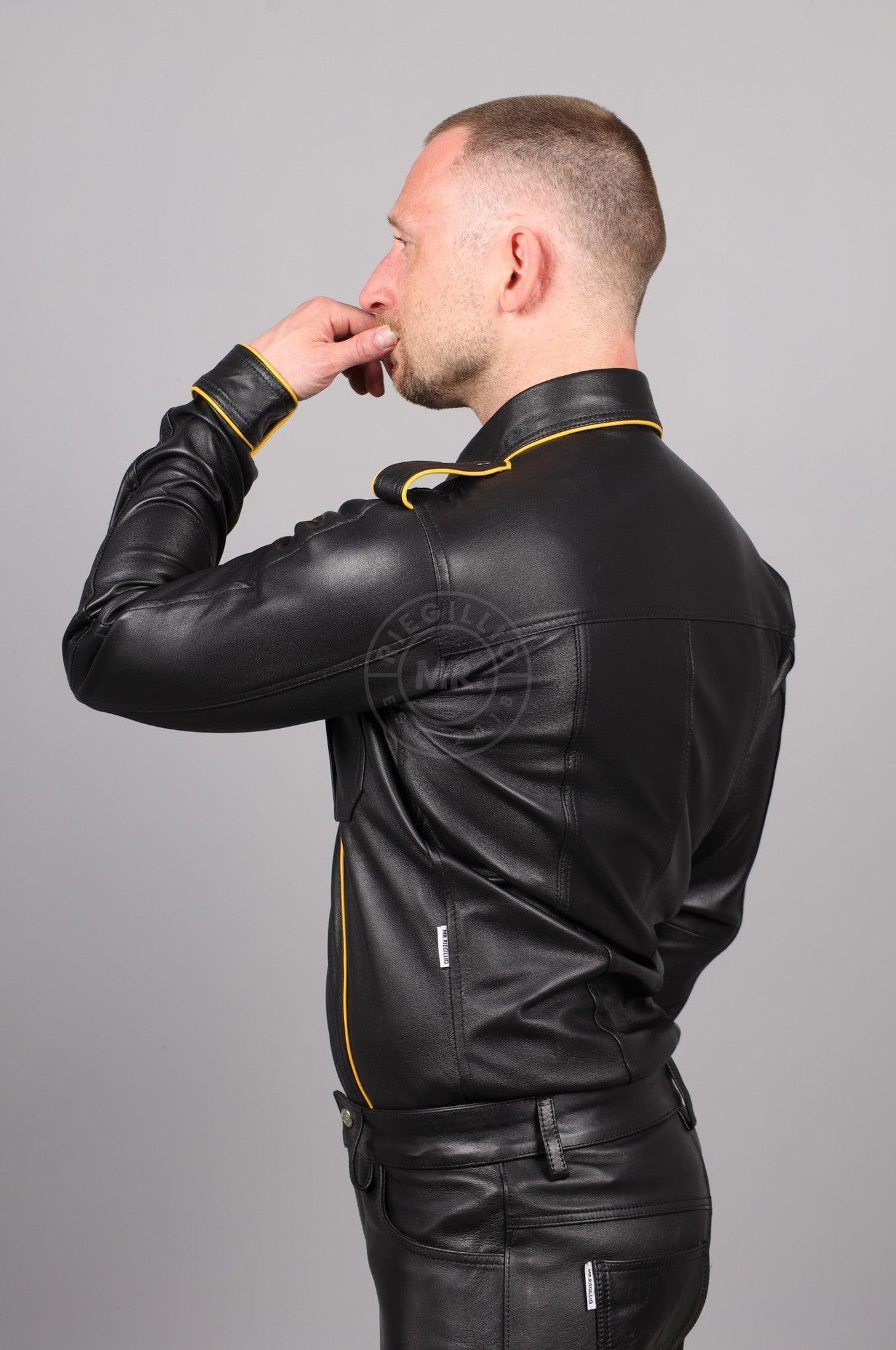 Black Leather Shirt Long Sleeves - Yellow Piping at MR. Riegillio
