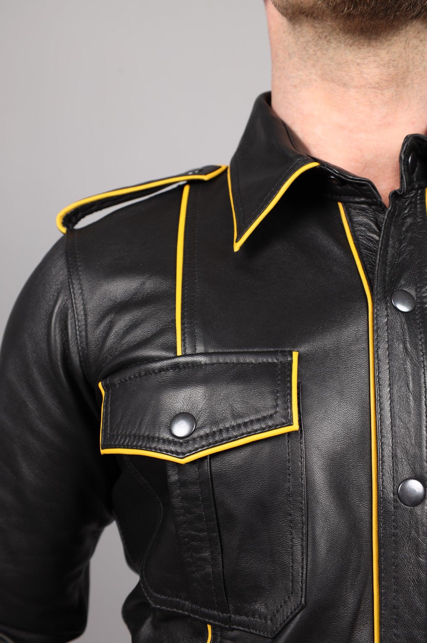 Black Leather Shirt Long Sleeves - Yellow Piping at MR. Riegillio