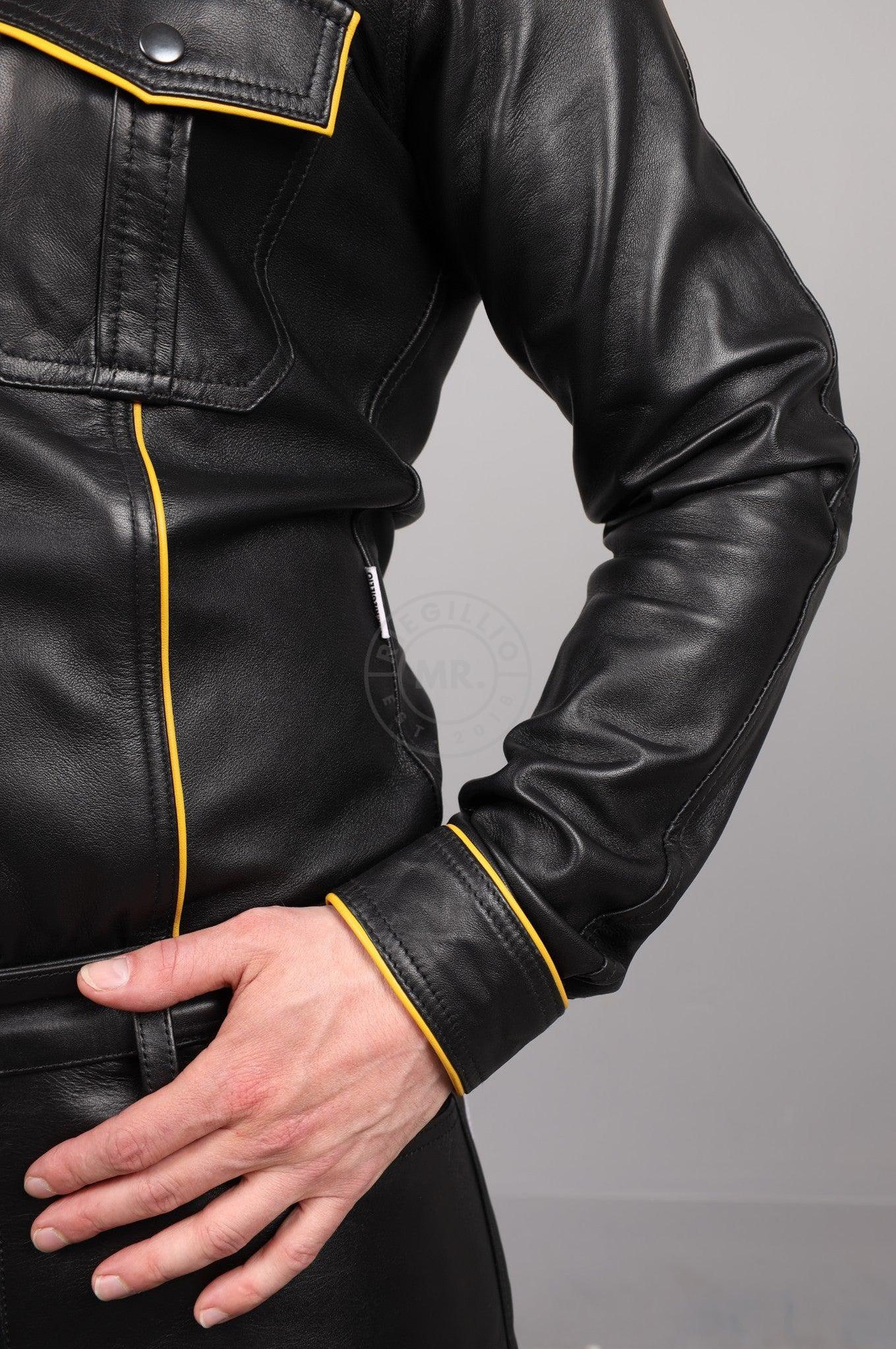 Black Leather Shirt Long Sleeves - Yellow Piping at MR. Riegillio